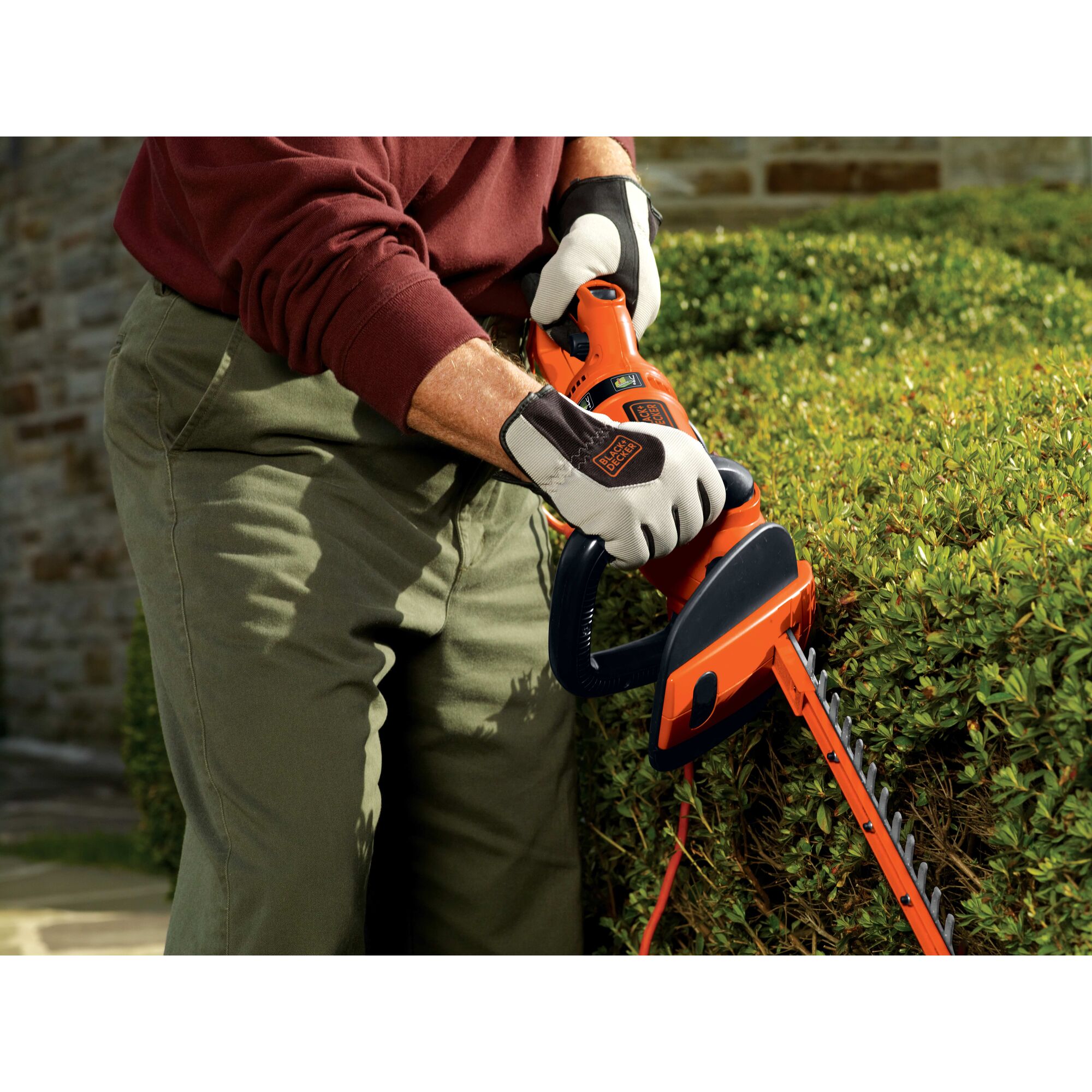 24 inch hedge trimmer with rotating handle being used.