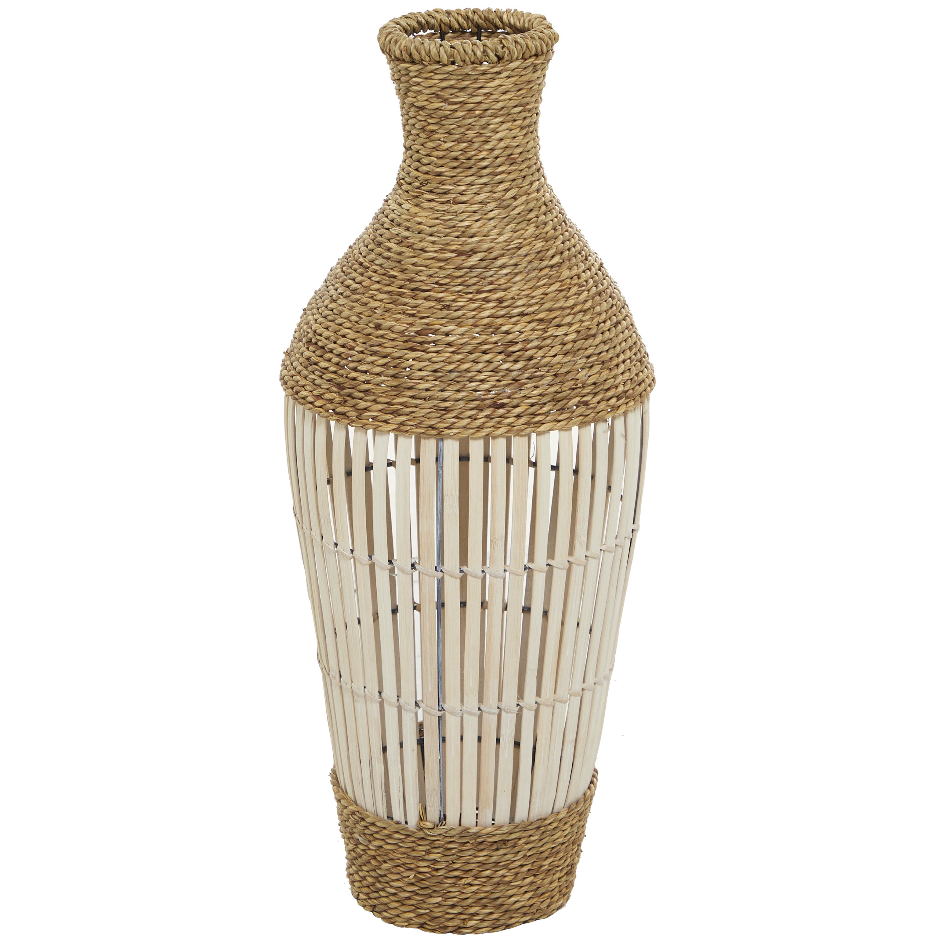 ( Case Of 3- Pcs) Brown Seagrass  Handmade Wrapped Tall Floor Decorative Vase with Cream Slatted Bamboo Center, 10\" x 10\" x 25\"