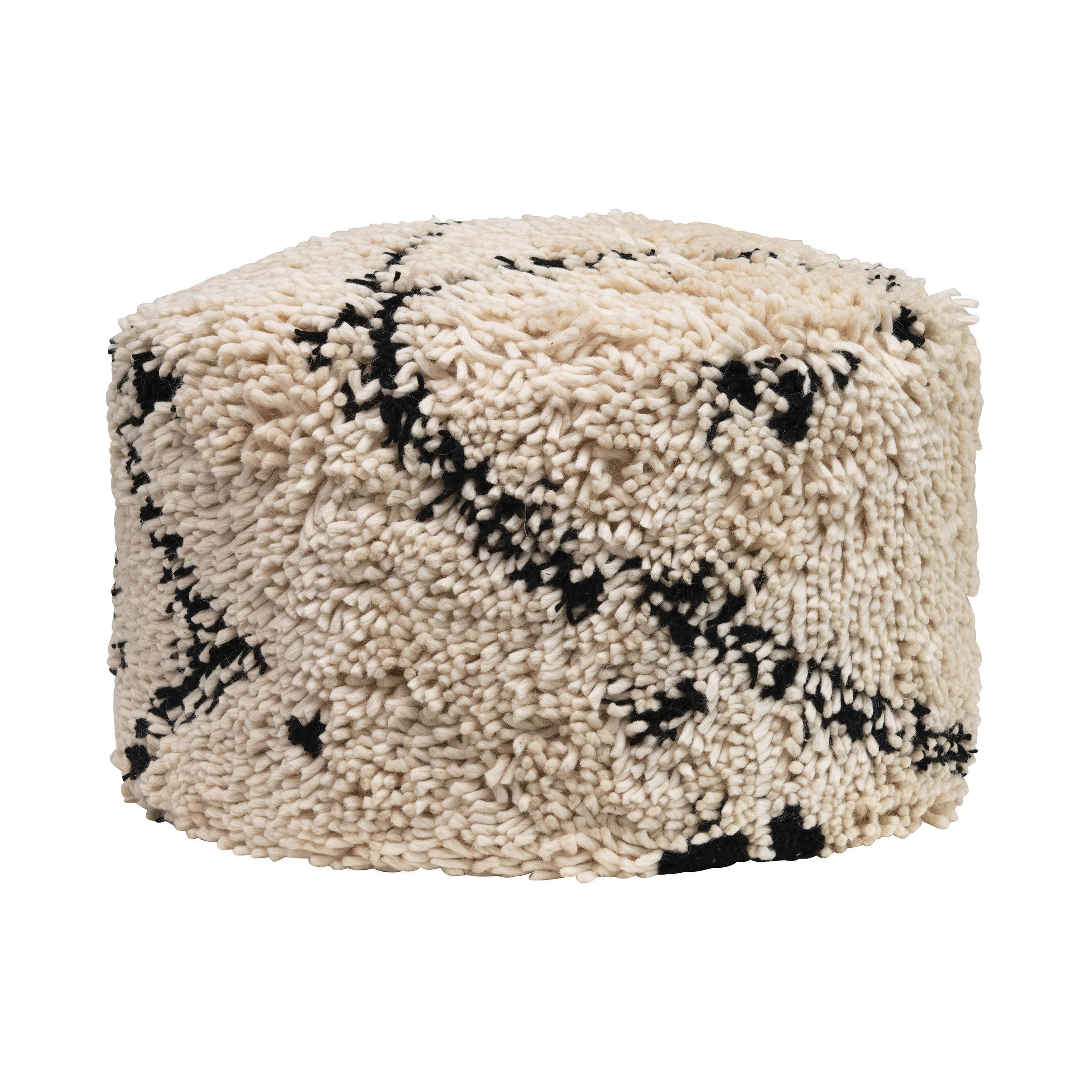 24" Round x 15"H Woven Wool Shag Pouf, Black & Cream Color VCREDF3833