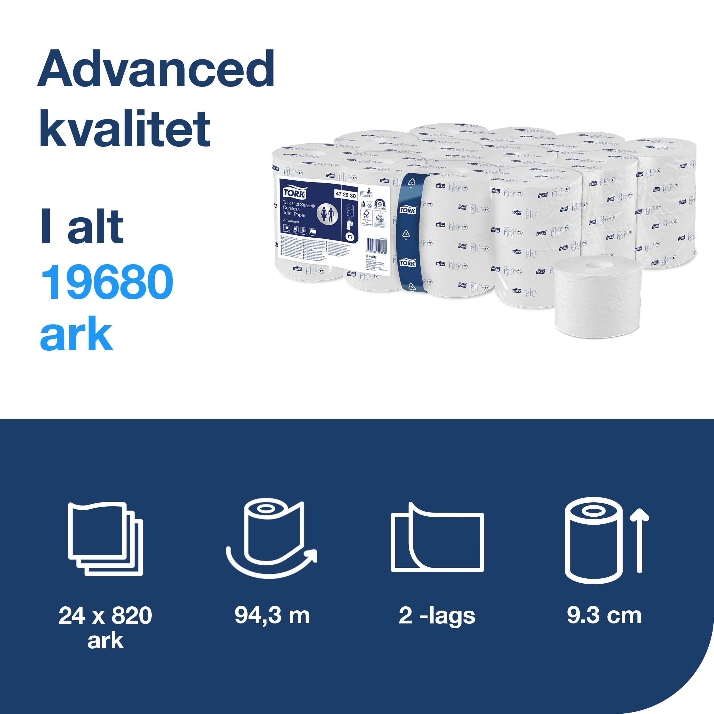 Toiletpapir, Udvendig oprulning, 2 lag, 24 ruller, OptiServe T7