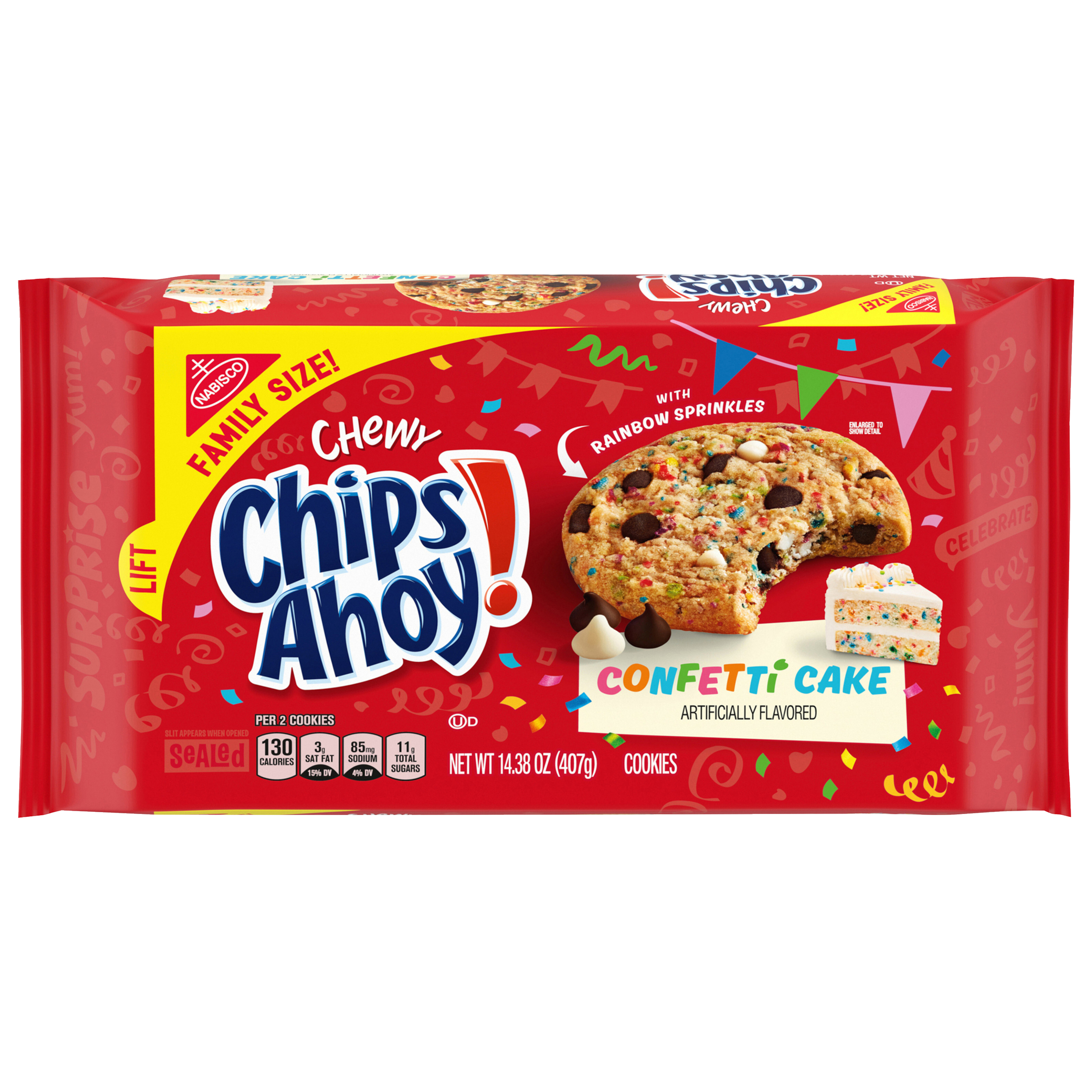 CHIPS AHOY! Chewy Confetti Cake Chocolate Chip Cookies with Rainbow Sprinkles, Birthday Cookies, Family Size, 14.38 oz-0