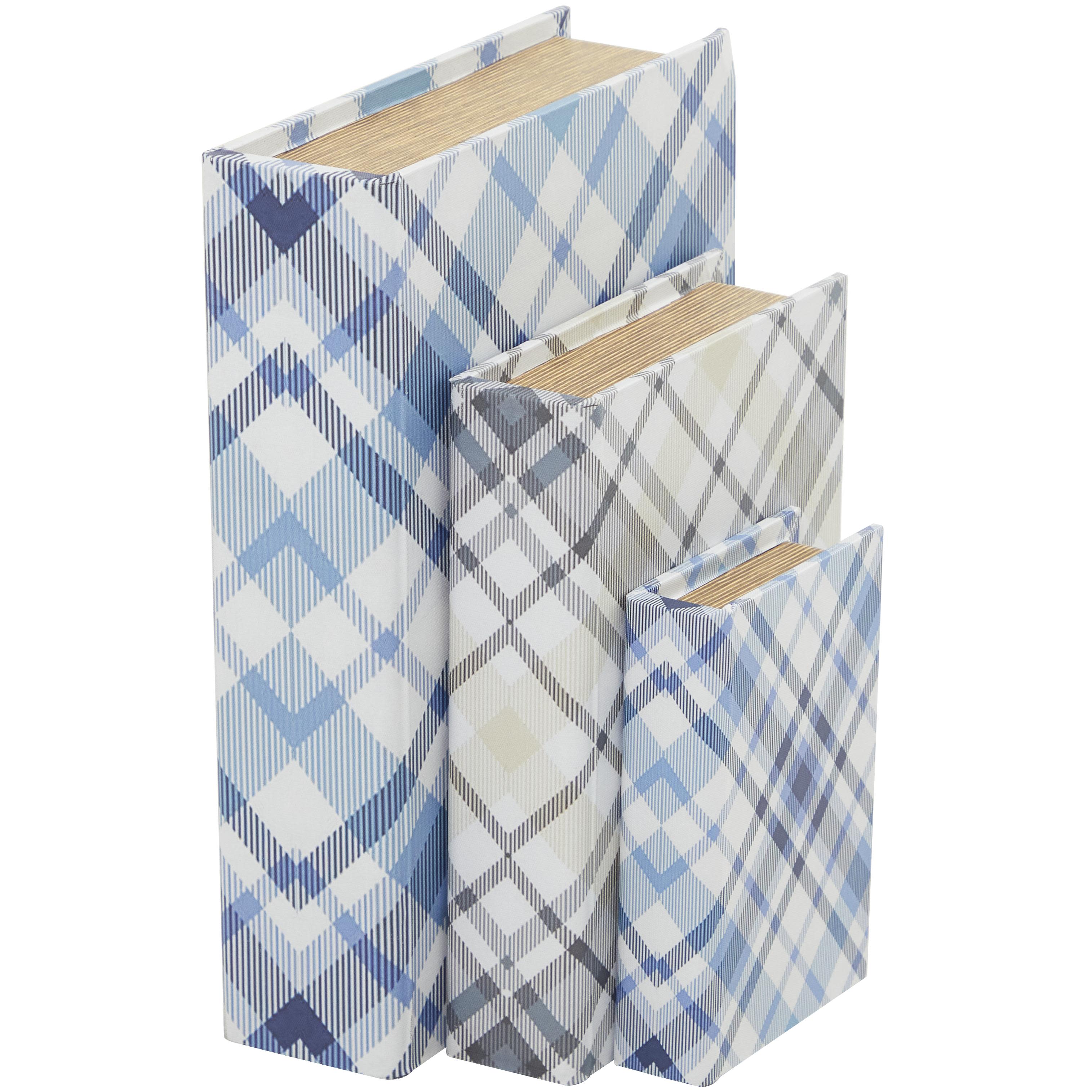 Blue Canvas Geometric Plaid Faux Book Storage Decorative Box with White Accents, Set of 3 12", 9", 6"H