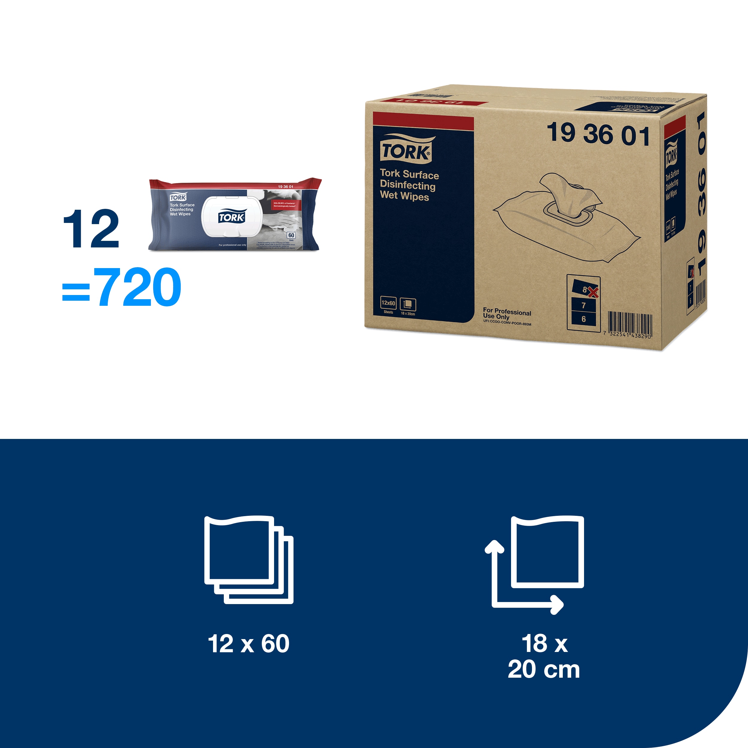 Overfladedesinfektion, Servietter, 60 stk, Genlukpakke, Tork 