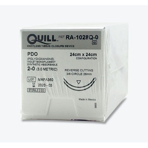 Quill™ PDO  Violet Monofilament Sutures, 2-0, 26mm 3/8 Circle, Reverse Cutting, 24cm x 24cm Barb Configuration -12/Box