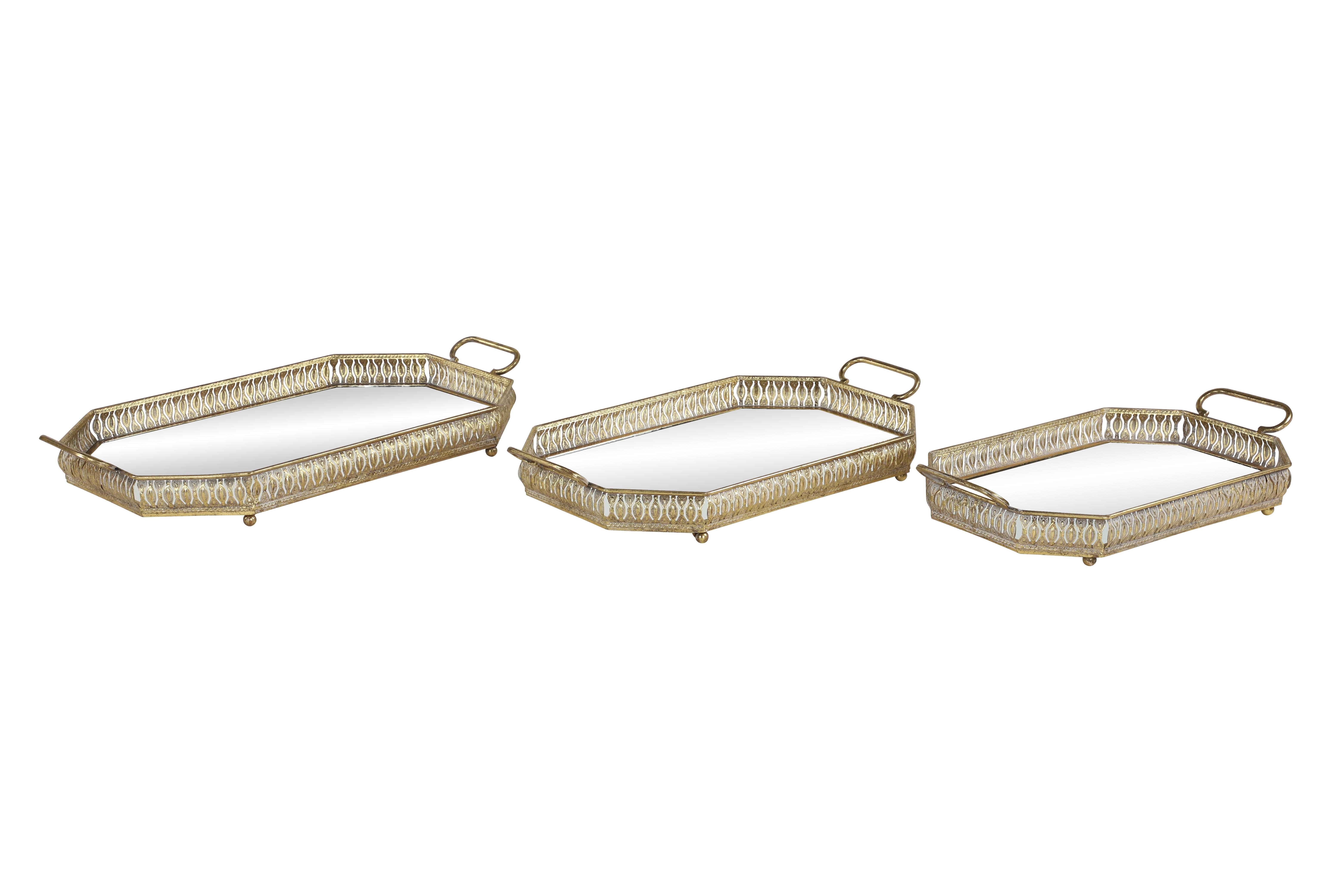 Large Octagonal Metallic Gold Mirror Vanity Trays w/ Pierced Metal Designs, Set of 3, 25" x 15" x 4"