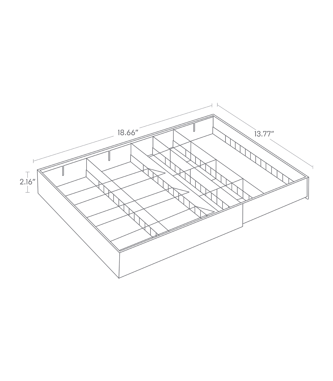 Dimenision image for Cutlery Organizer - Three Styleson a white background showing total width of 18.66", length of 13.77", height of 2.16"