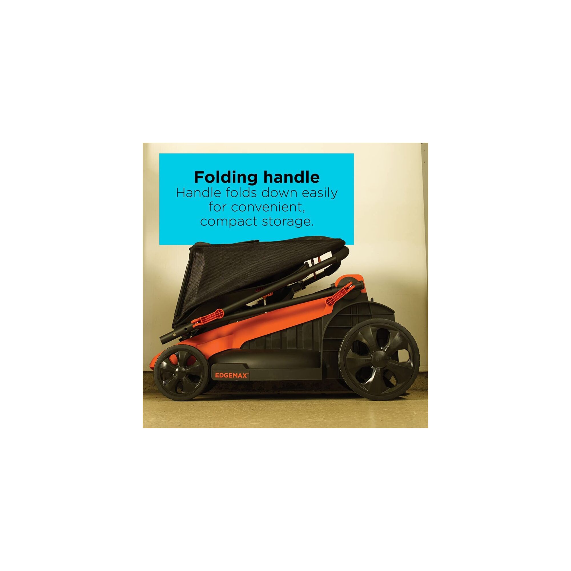 Demonstration of handle folding feature on the BLACK+DECKER lawn mower
