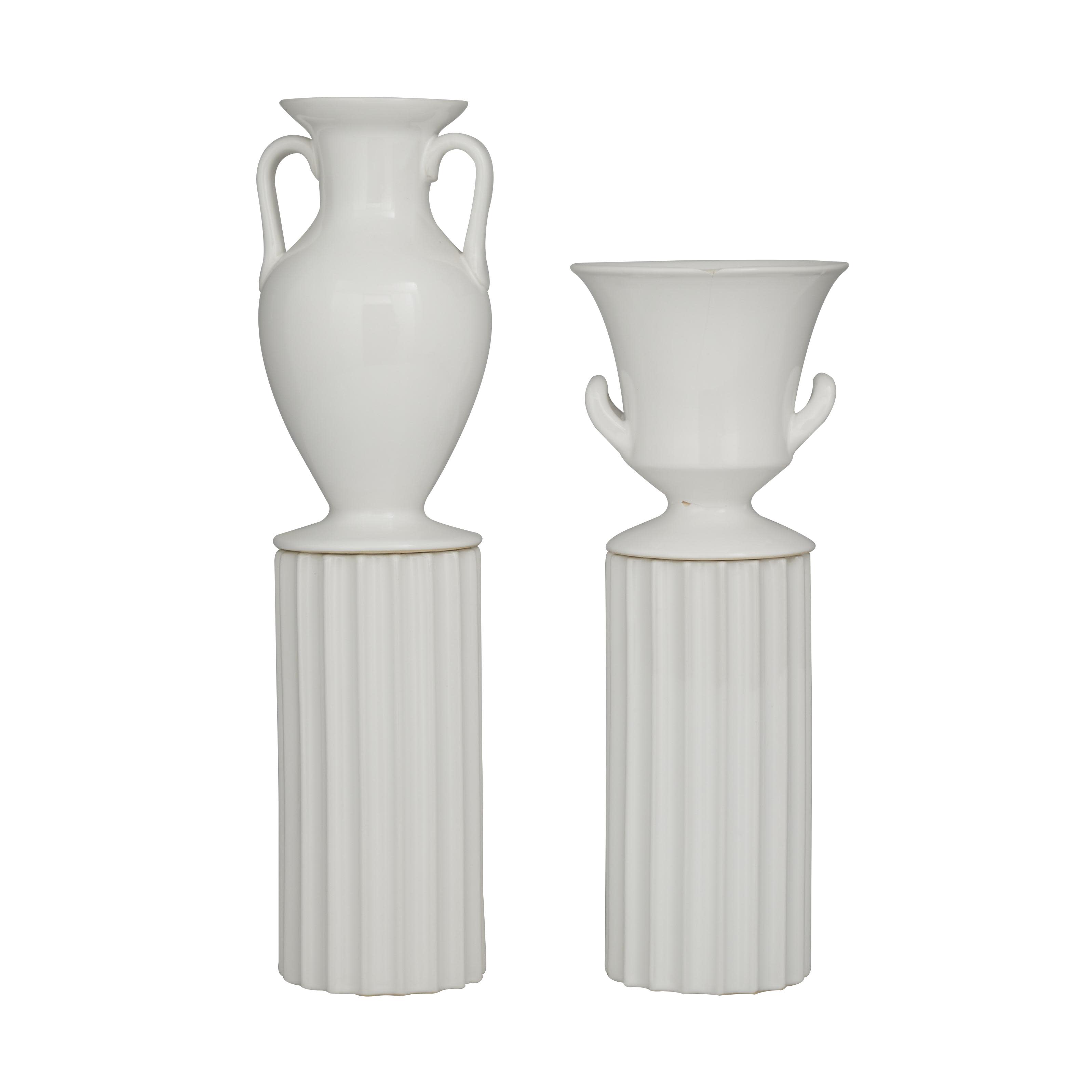 White Porcelain Ceramic  Greek Inspired Decorative Vase, Set of 2 16", 13"H