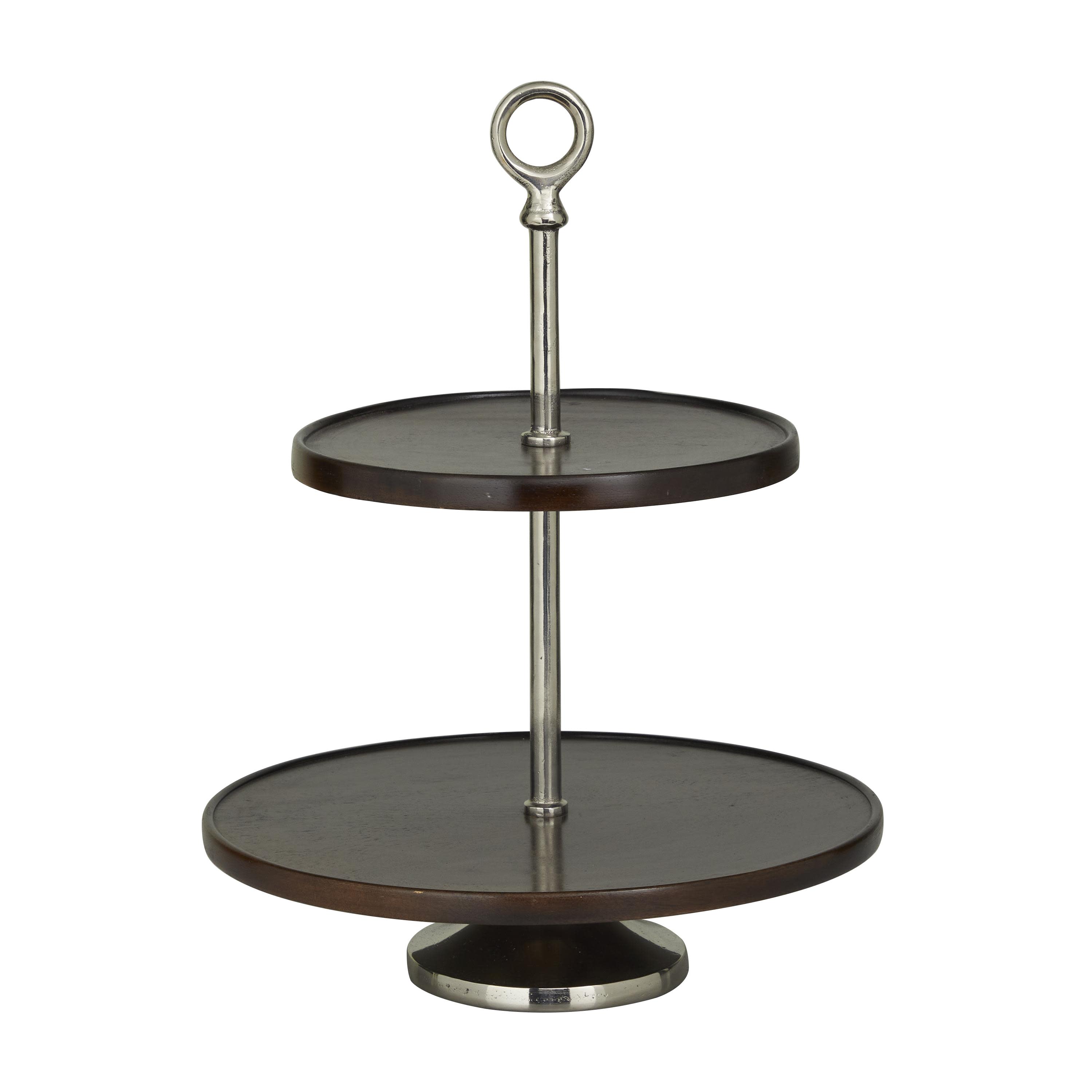 Dark Brown Mango Wood  2 Level Tiered Server with Silver Aluminum Cone Base, 14" x 14" x 18"