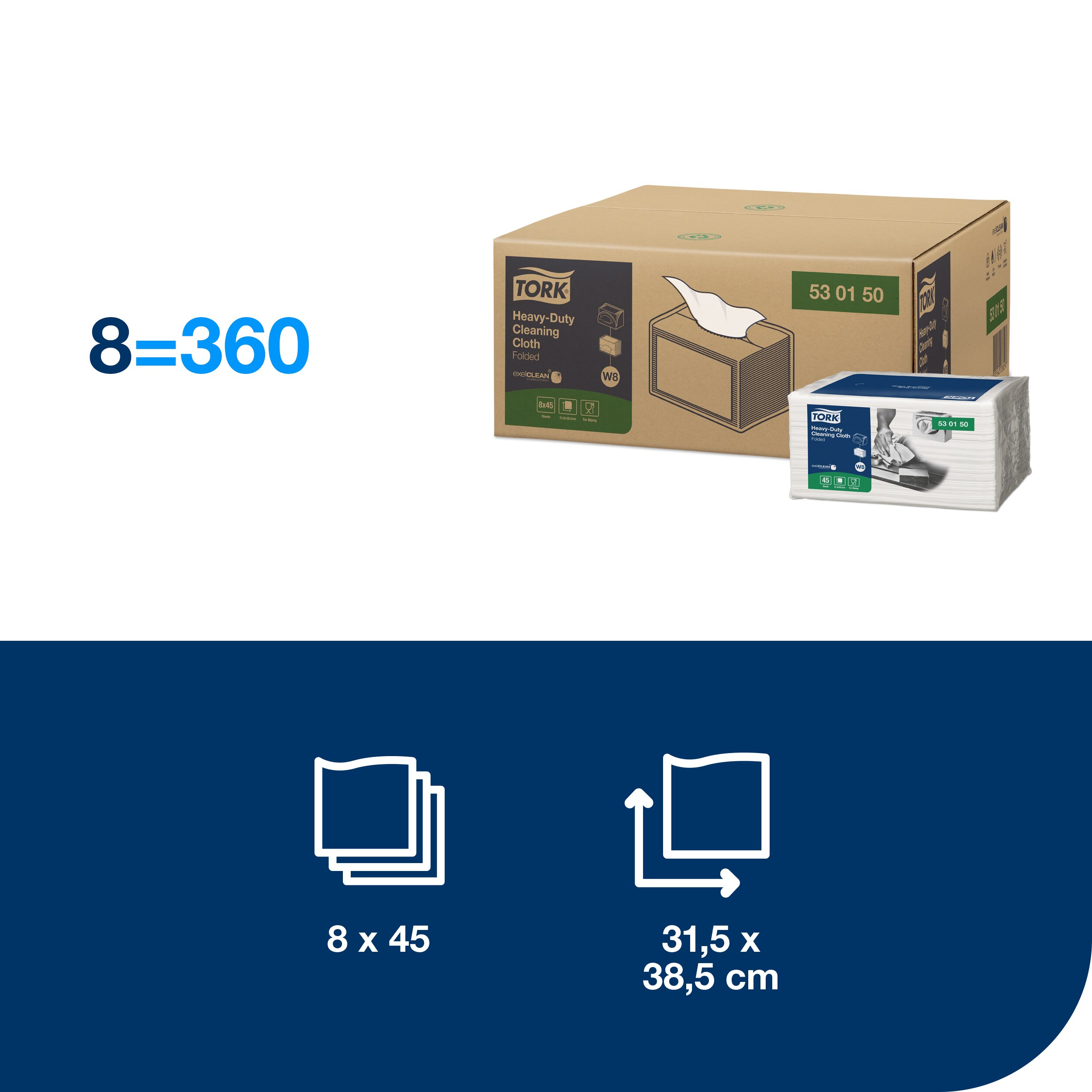 Aftørringsklud, Industri, Hvid, 360 klude, Tork Kraftig W8