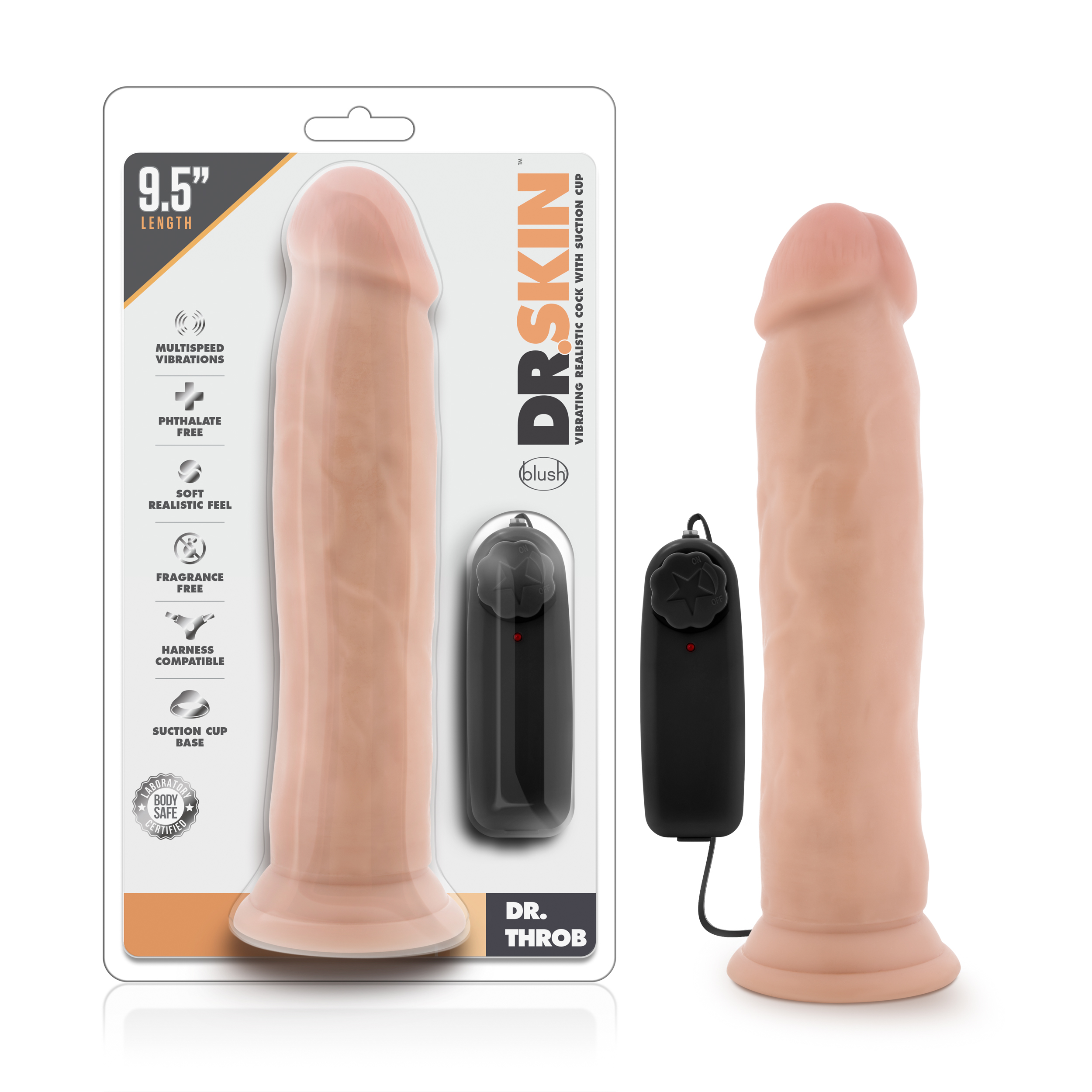 Blush Dr. Skin Dr. Throb Realistic Vanilla 9.5-Inch Long Remote Control Vibrating Dildo With Suction Cup Base