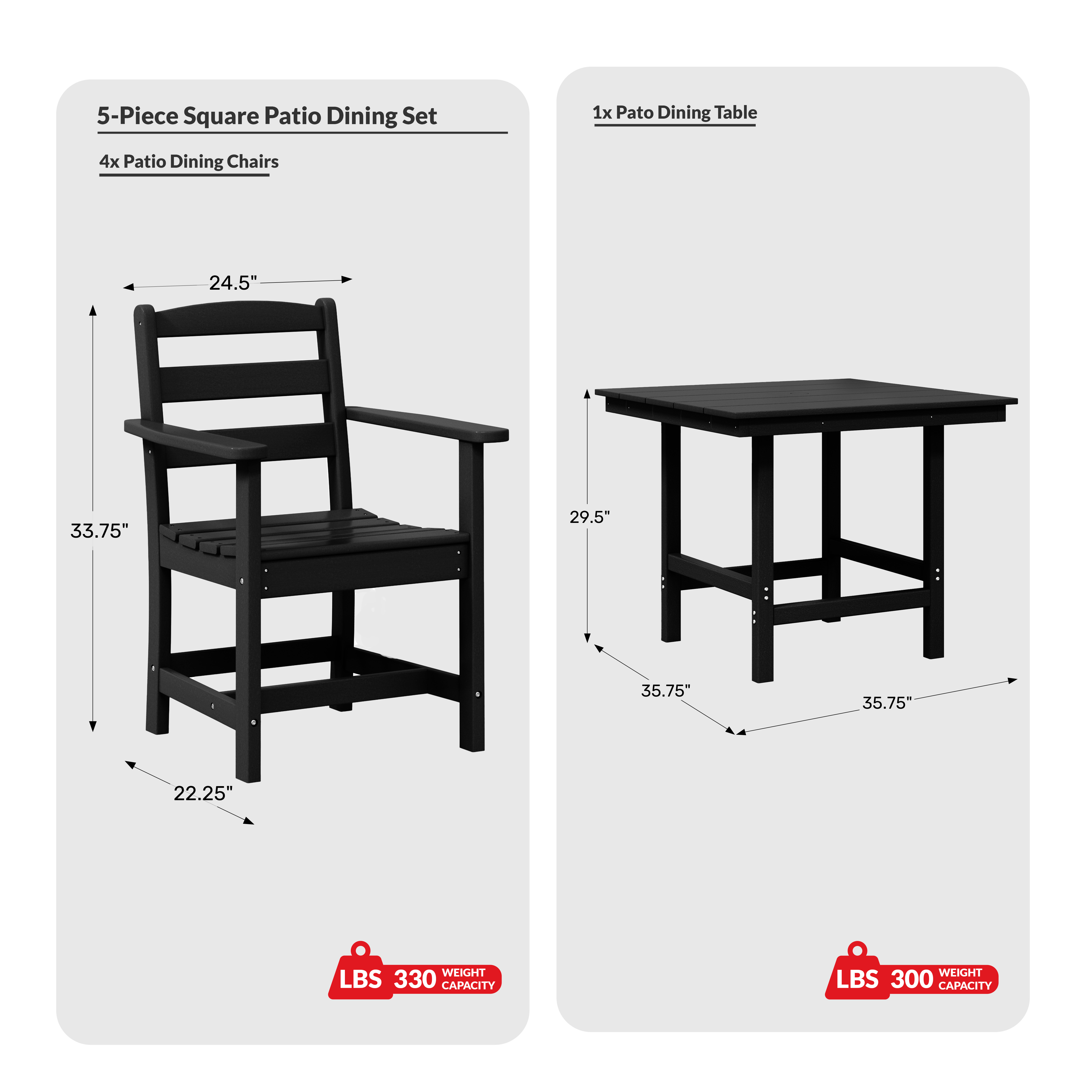 5-Piece HDPE Outdoor Square Patio Dining Table Set with ArmchairsCOS Spec Image