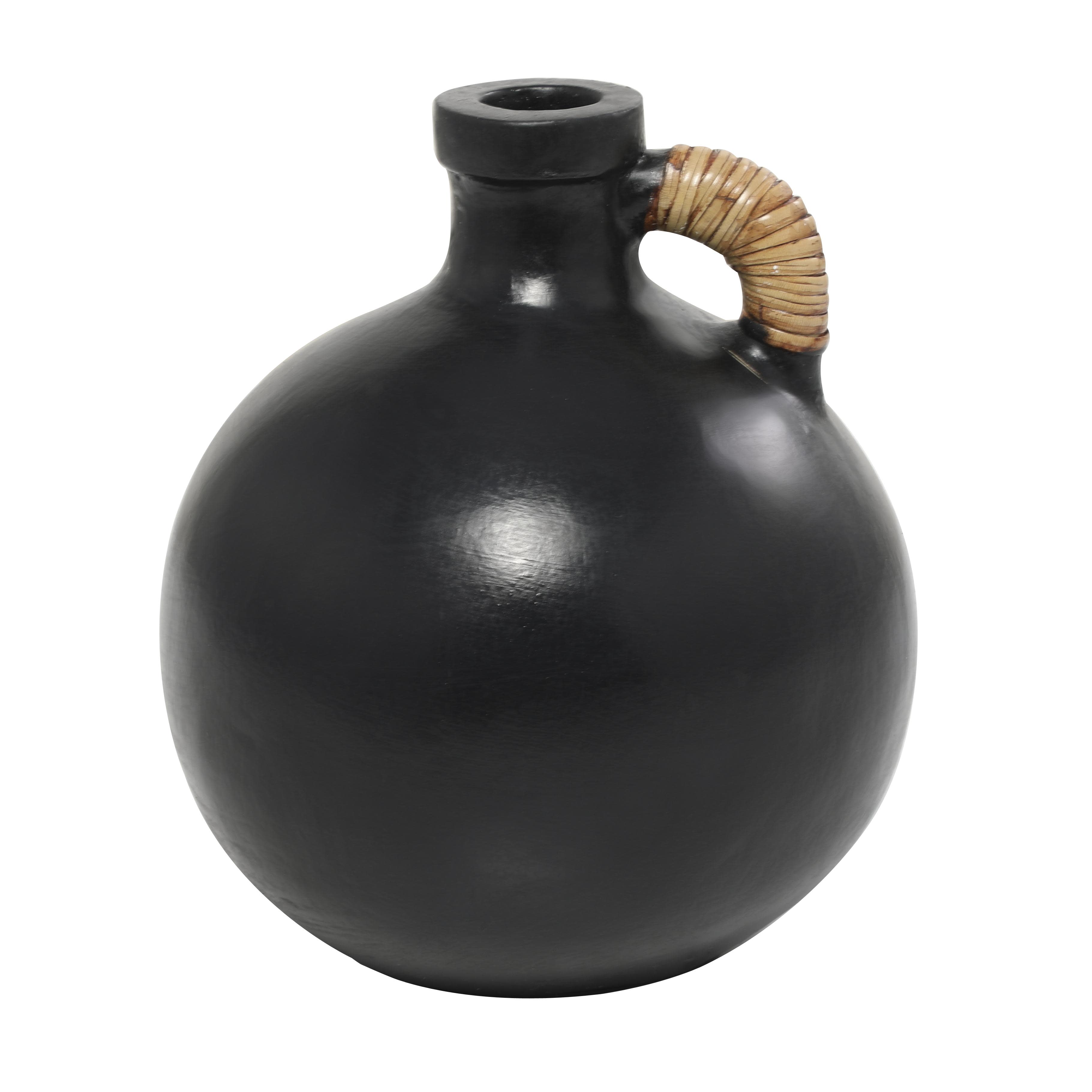 Black Ceramic  Jug Inspired Decorative Vase with Rattan Wrapped Handle, 9" x 9" x 11"
