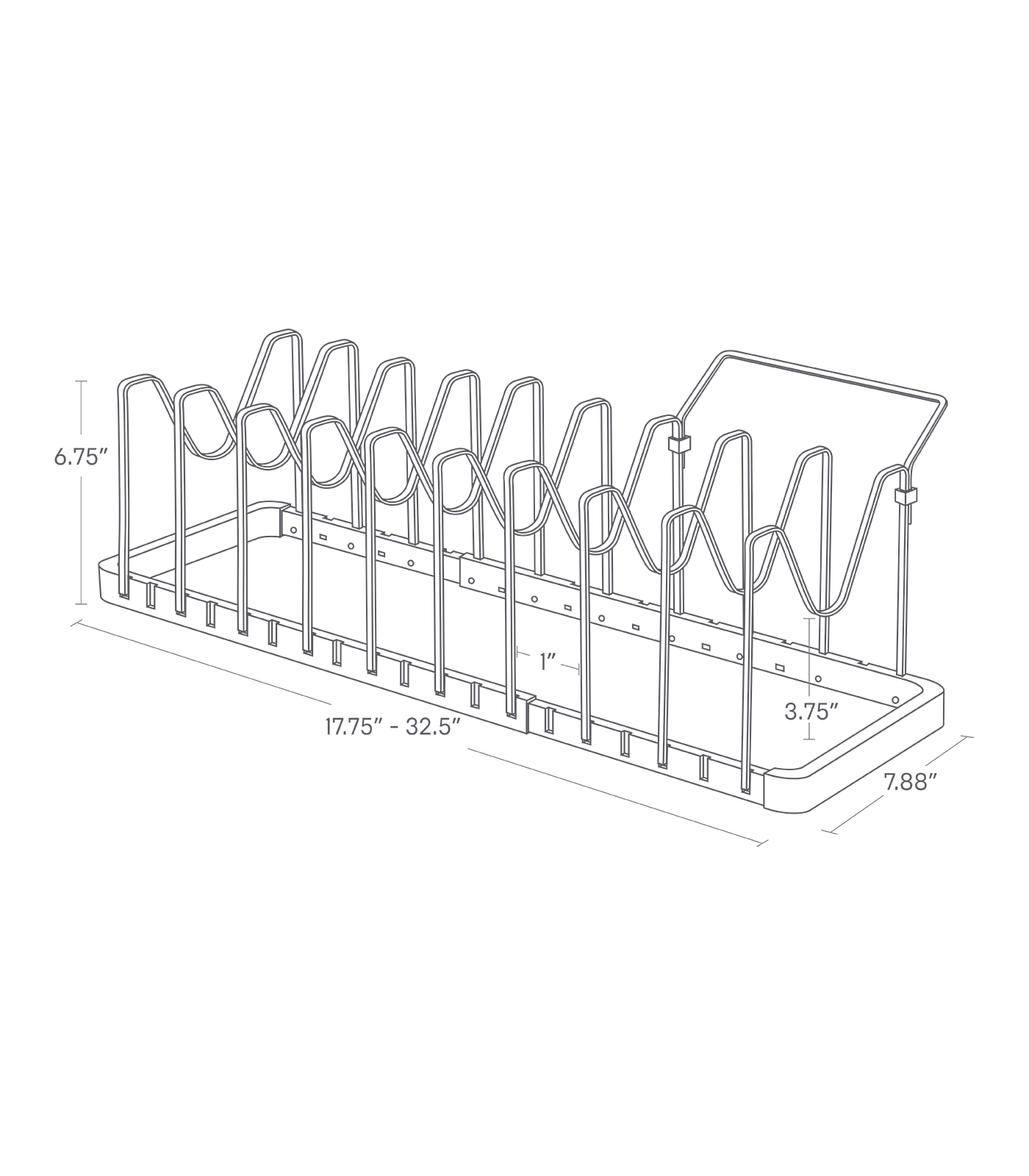 Dimension image for Adjustable Pot Lid Organizer on a white backrgound with a length of ranging from 17.75