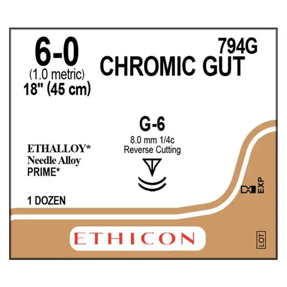 Chromic Gut Sutures, 6-0,  G-6  Needle, 18" ,  12/Box