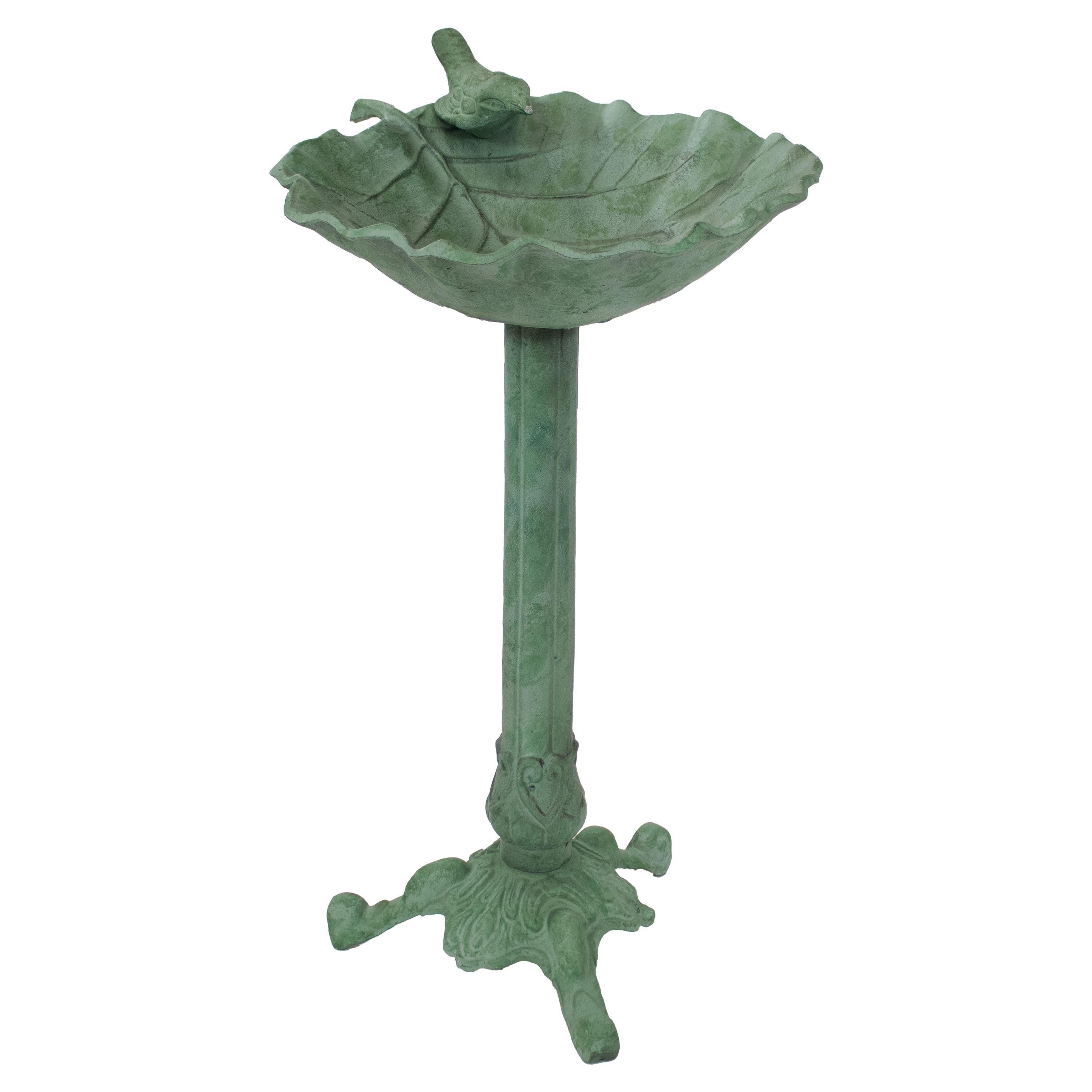 Autumnal Leaf Cast Aluminum Bird Bath  - Green Patina