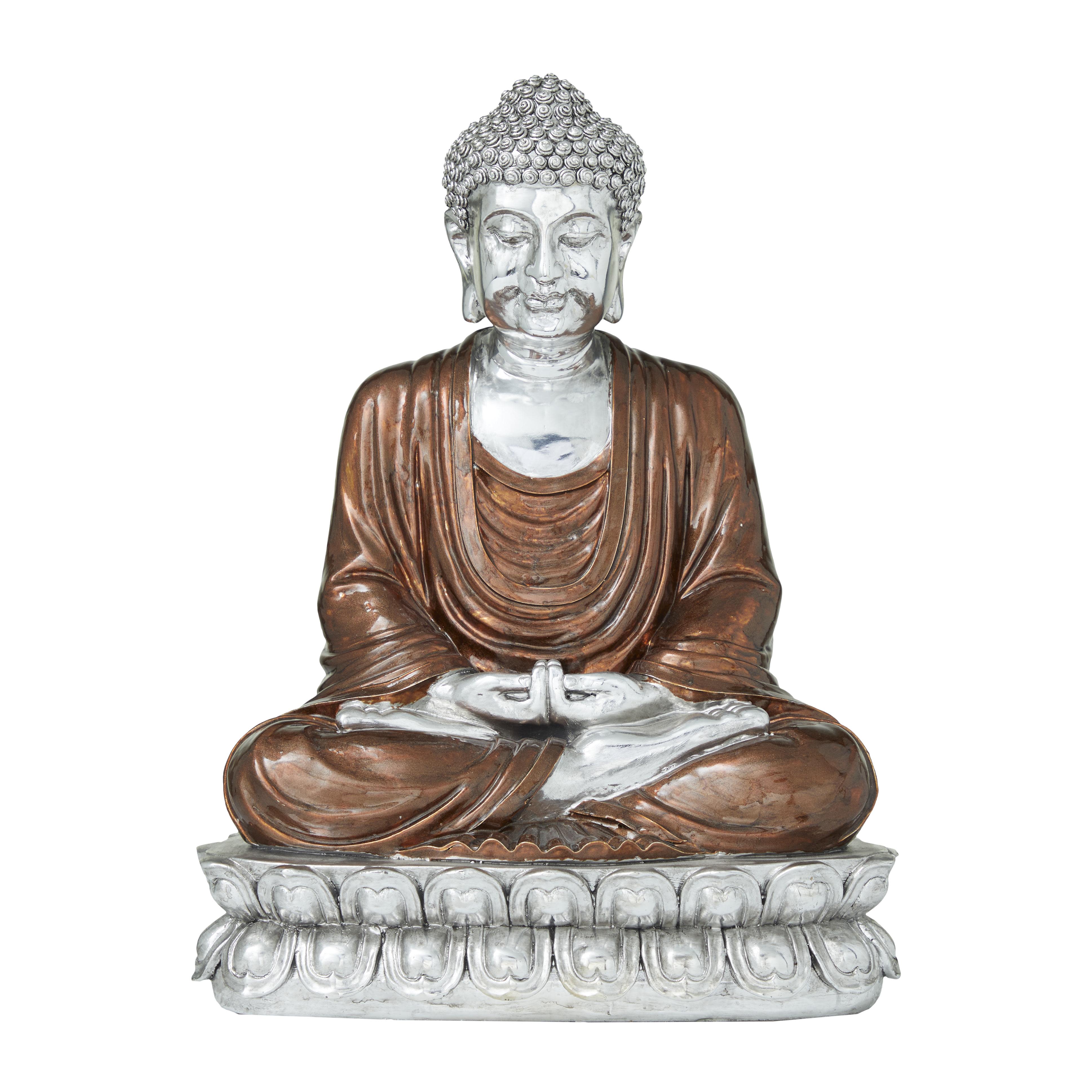 Copper Polystone Buddha Decorative Sculpture with Engraved Carvings and Relief Detailing, 12" x 9" x 16"