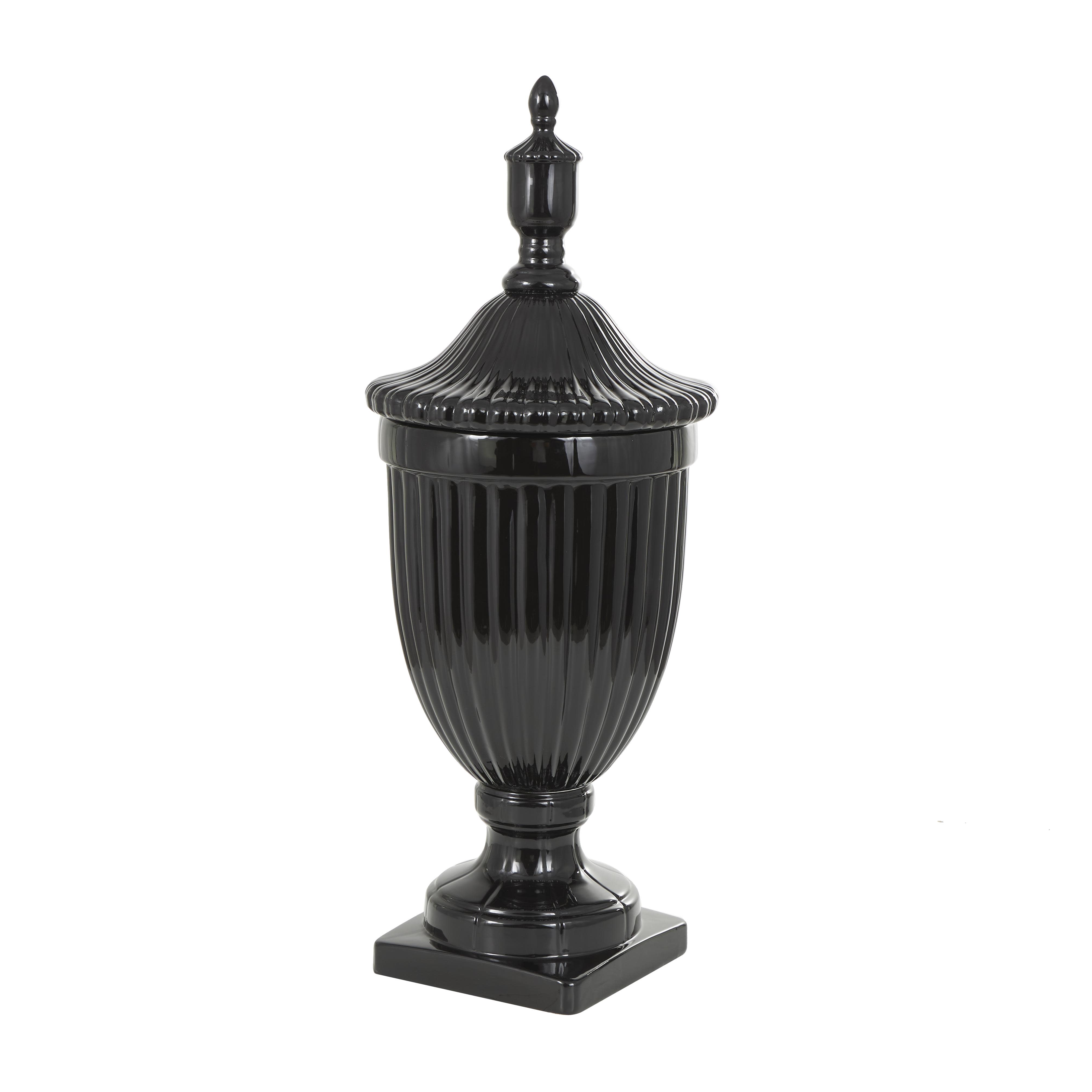 Black Ceramic  Living Room Decorative Jars with Grooves and Lid, 12" x 12" x 32"
