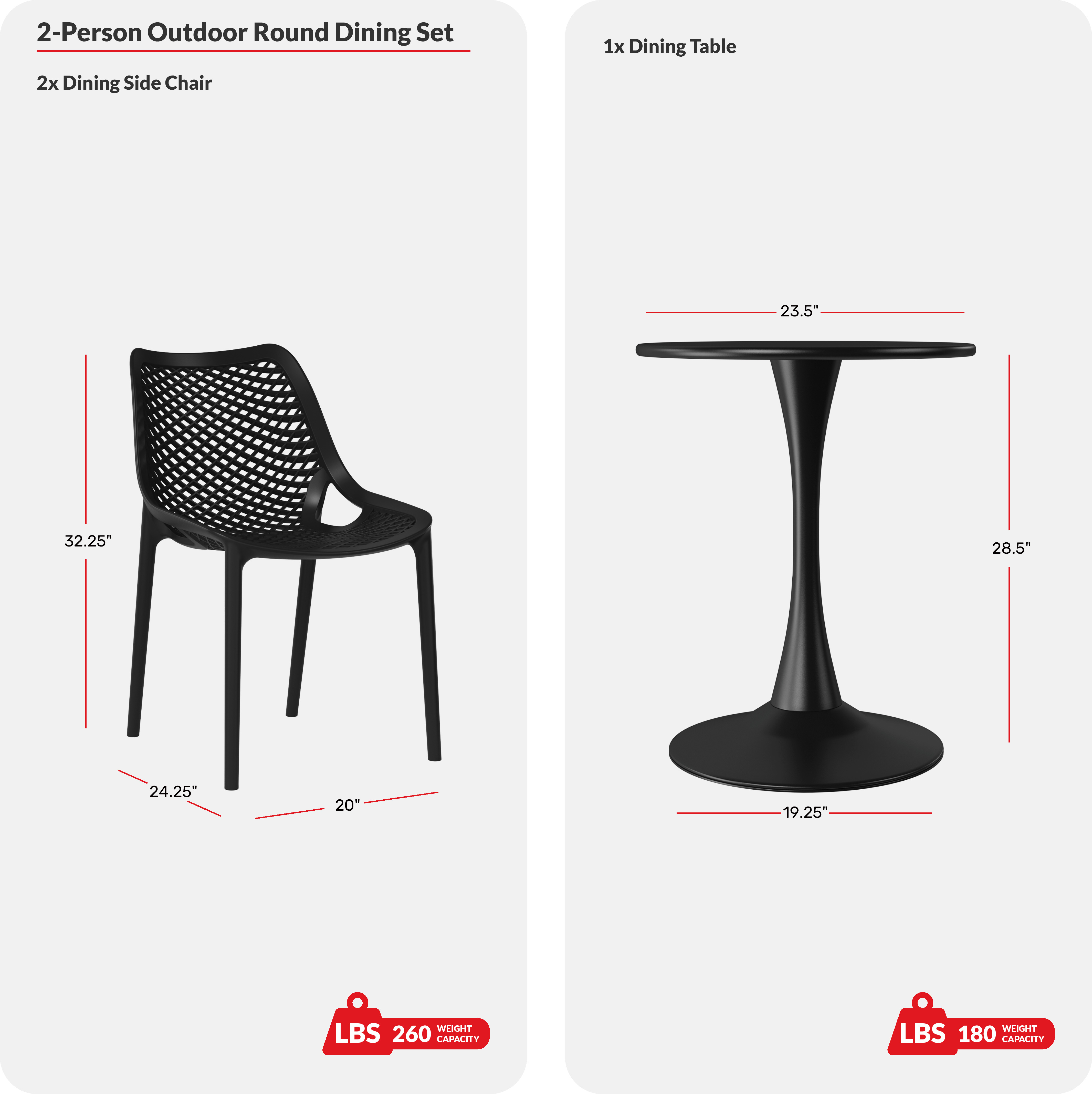 3-Piece Outdoor Round Metal Dining Table Set And Stackable Resin Patio Dining Side Chairs COS Spec Image
