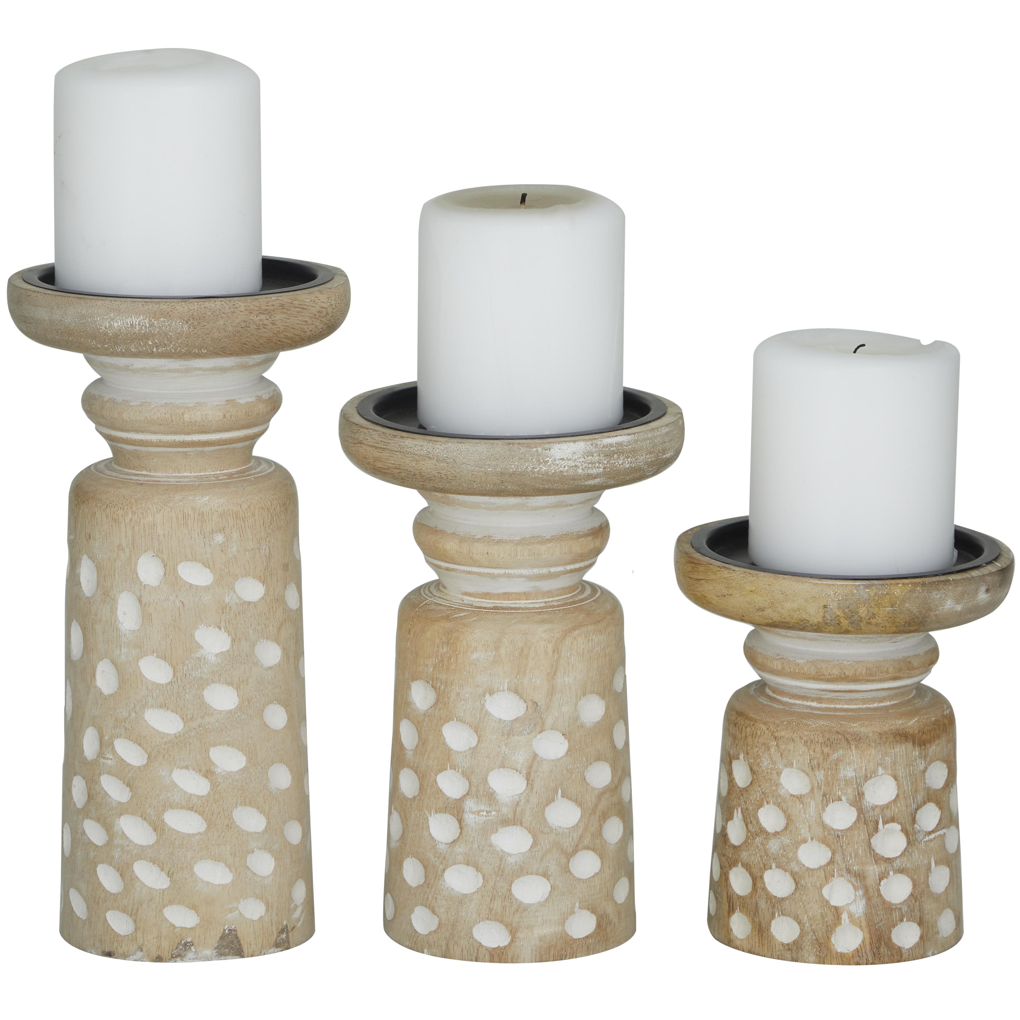 Light Brown Mango Wood  Round Carved Dotted Pillar Decorative Candle Holder, Set of 3 10", 8", 6"H