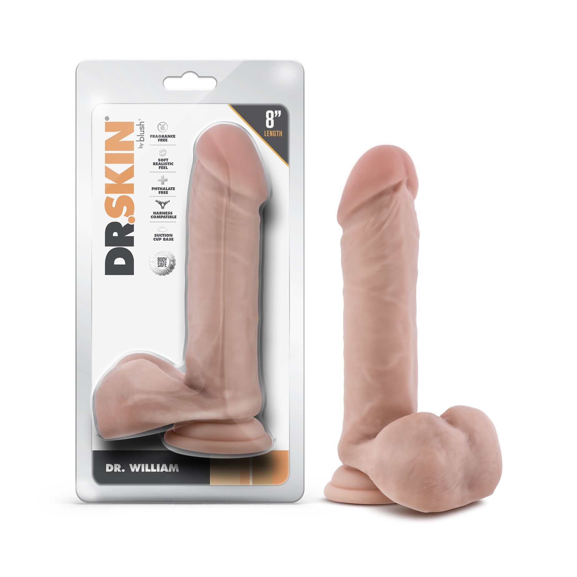 Blush Dr. Skin Dr. William 8 Inch Long Dildo with Suction Cup & Balls Beige