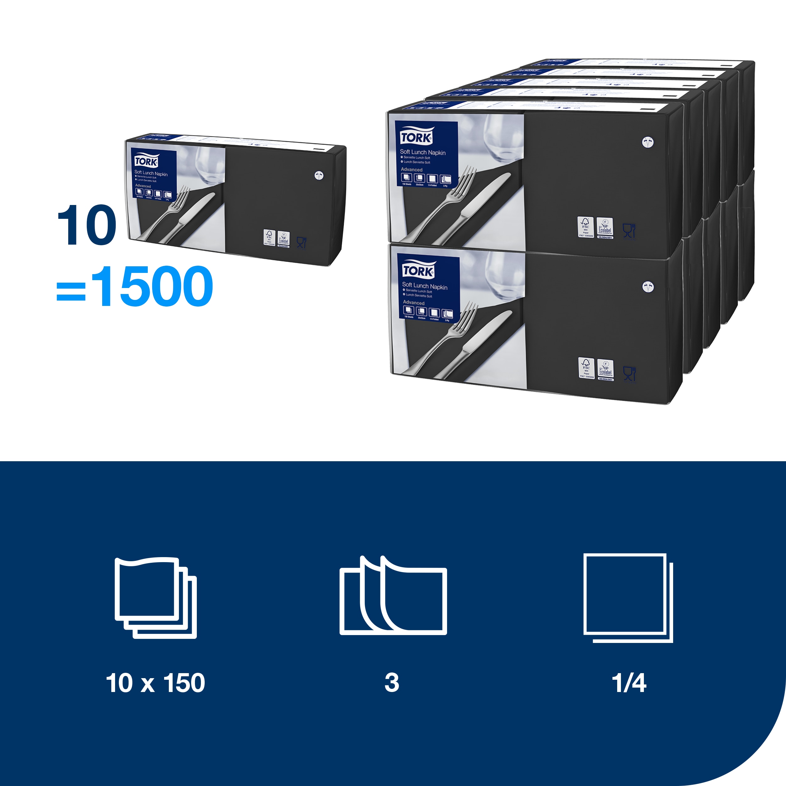 Servietter, 3 lag, Sort, 33x33 cm, 1500 stk, Tork Advanced