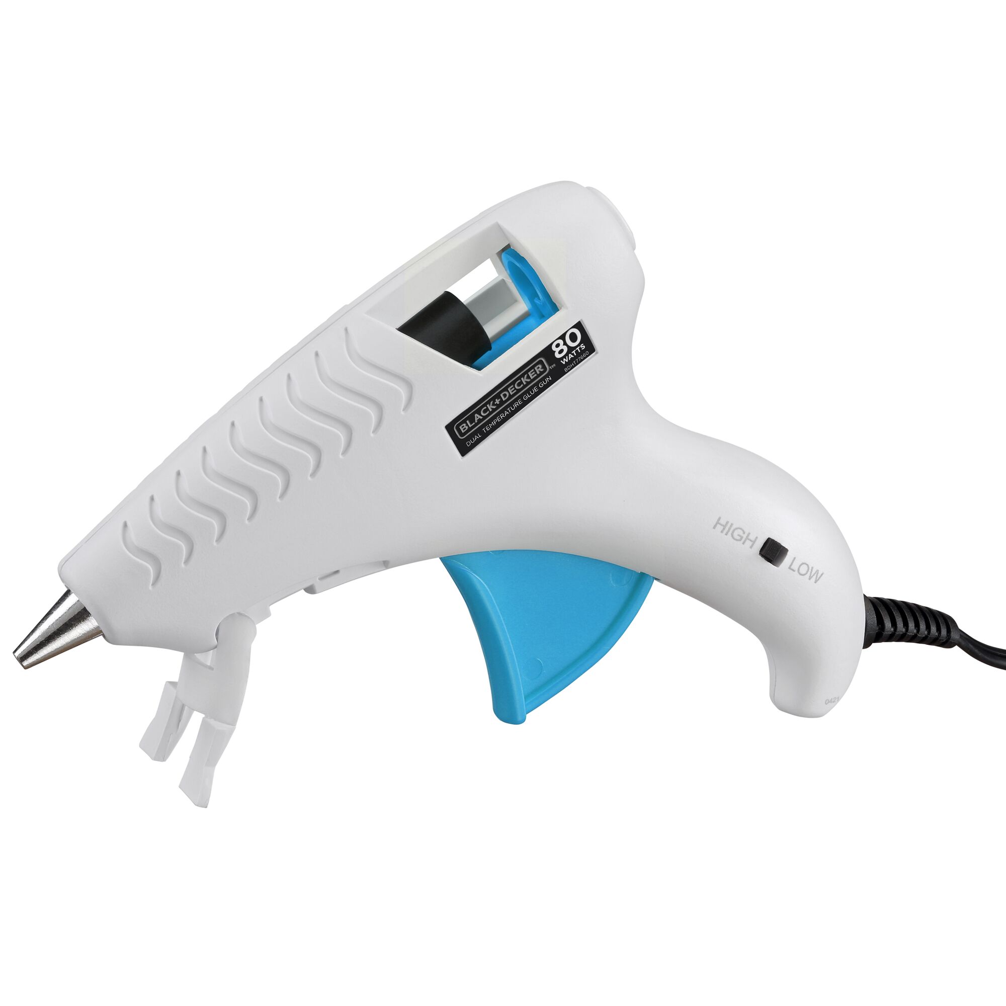 BLACK+DECKER corded glue gun resting on built-in stand without glue stick in chamber