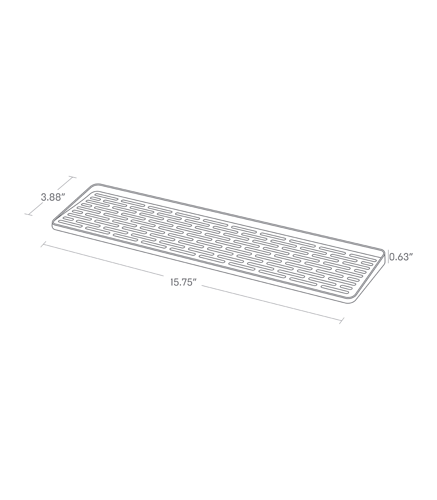 Dimension image for Sink Drainer Tray showing a total length of 15.75", width of 3.88" and height of 0.63".