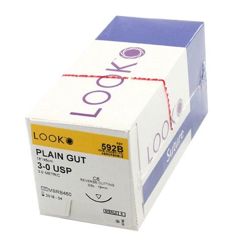 Plain Gut Suture, 3-0, C-6, Reverse Cutting, 18" - 12/Box