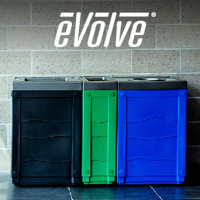 triple color-coded waste organics and recycling bins in a hockey arena placed behind the seats