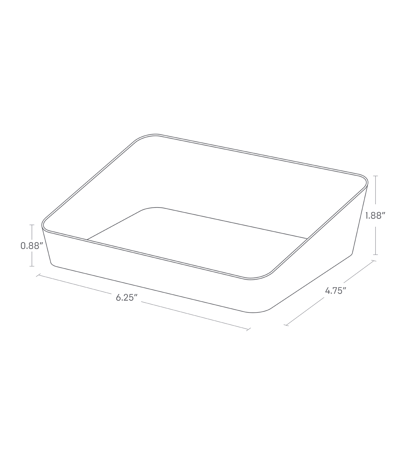 Dimension image for Vanity Tray - Angled - Two Sizeson a white background showinglength of 6.25", width of 4.75", the short edge is 0.88" in height and the tall edge is 1.88"in height.