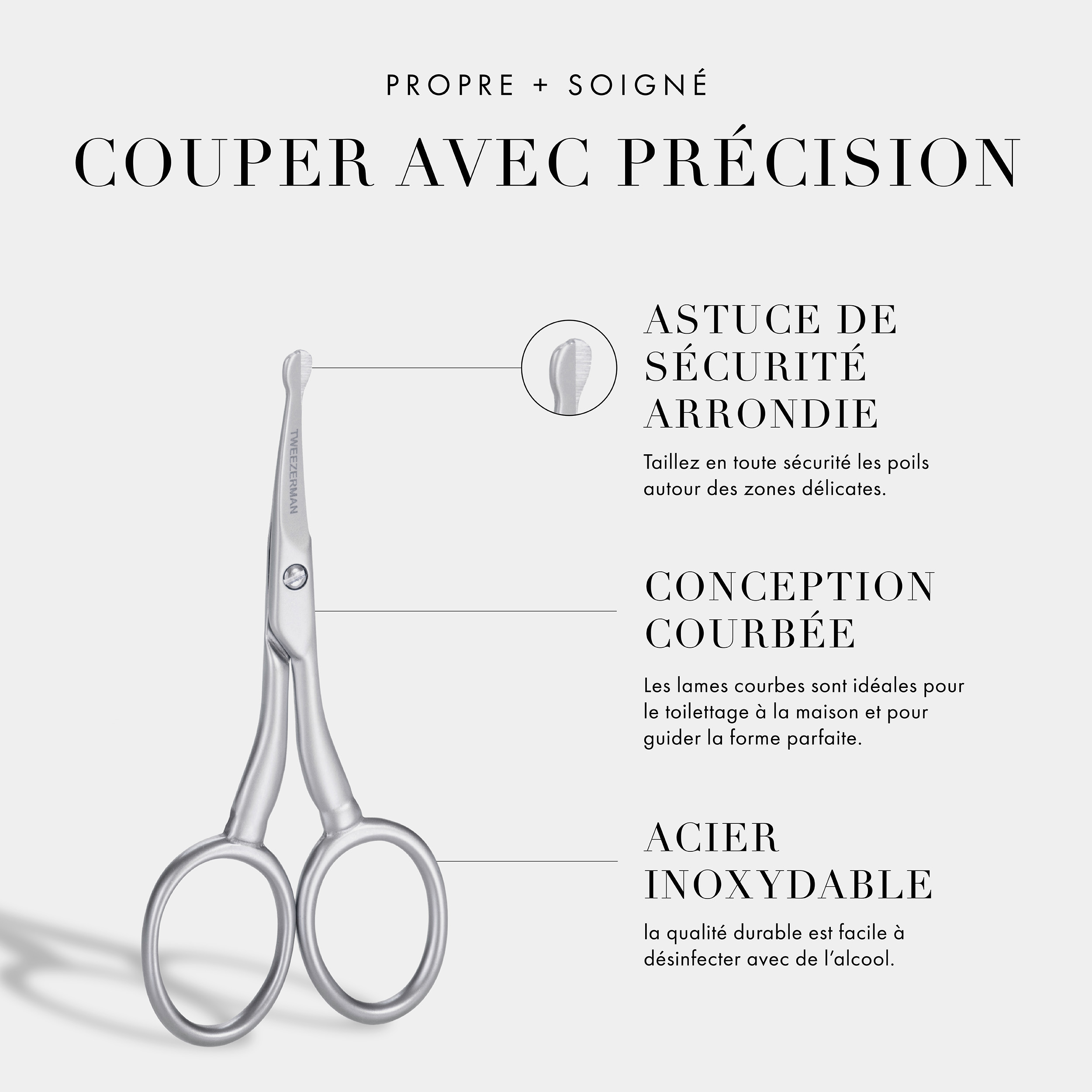 Nettoyer + découpe avec précision : Conseil de sécurité arrondi – Taillez en toute sécurité la fourrure autour des zones délicates. Conception courbée – Les lames courbées sont idéales pour le toilettage à la maison et pour guider la forme parfaite. Acier inoxydable – La qualité durable est très facile à désinfecter avec de l’alcool.