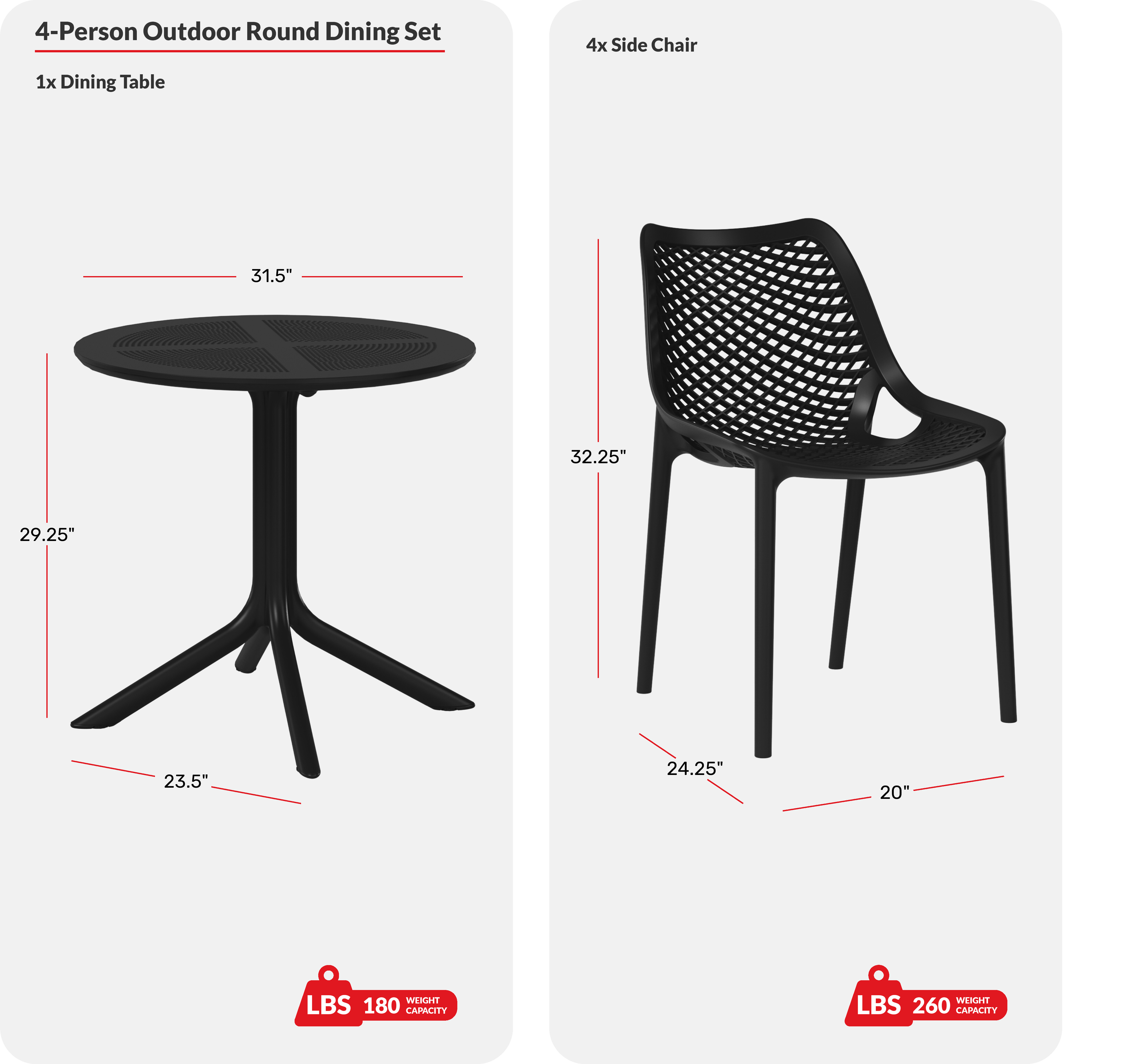 5-Piece Modern Round Patio Dining Table Set with Stackable Patio Dining ChairsCOS Spec Image