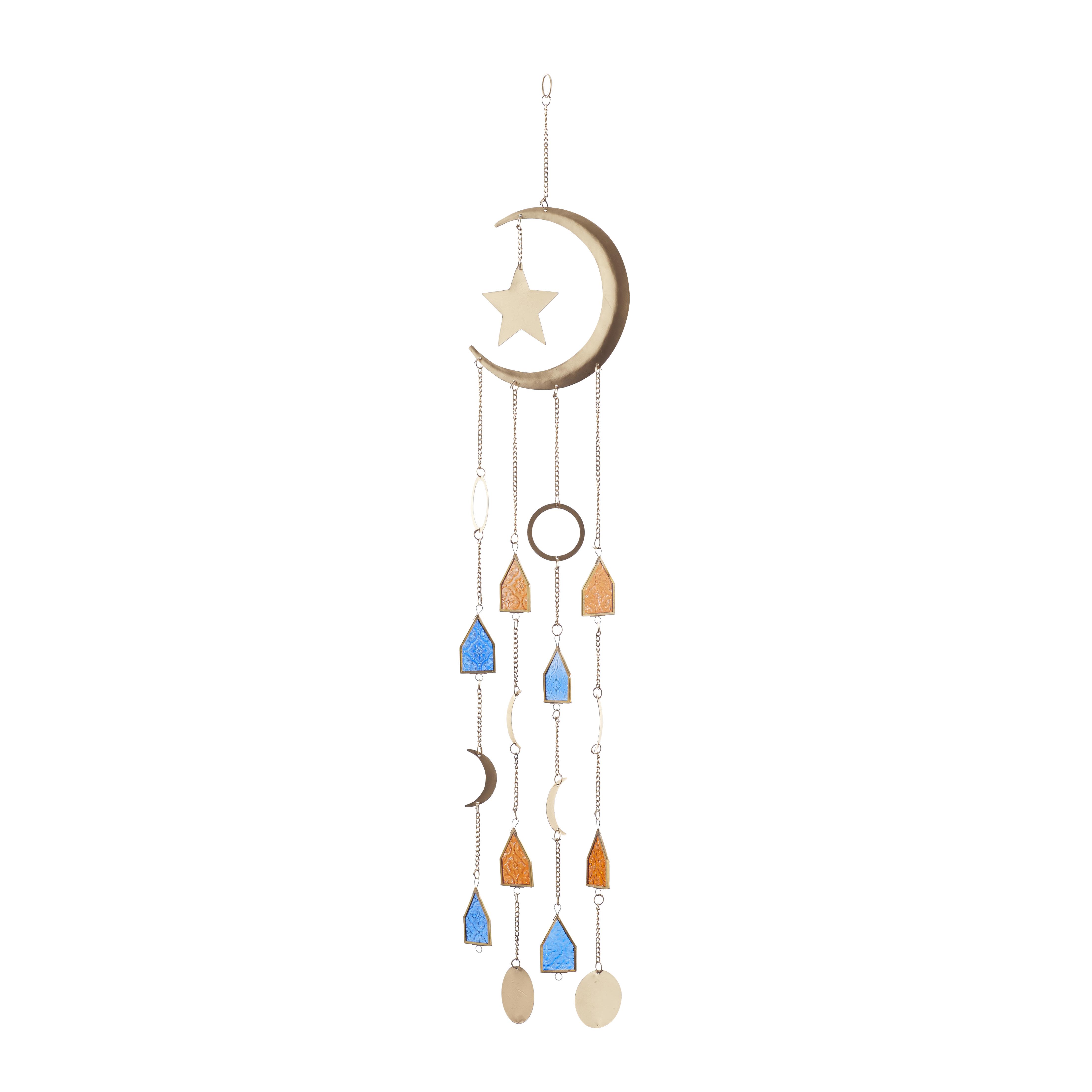 Gold Metal Moon and Star Indoor Outdoor Windchime with Stained Glass, 8" x 2" x 42"