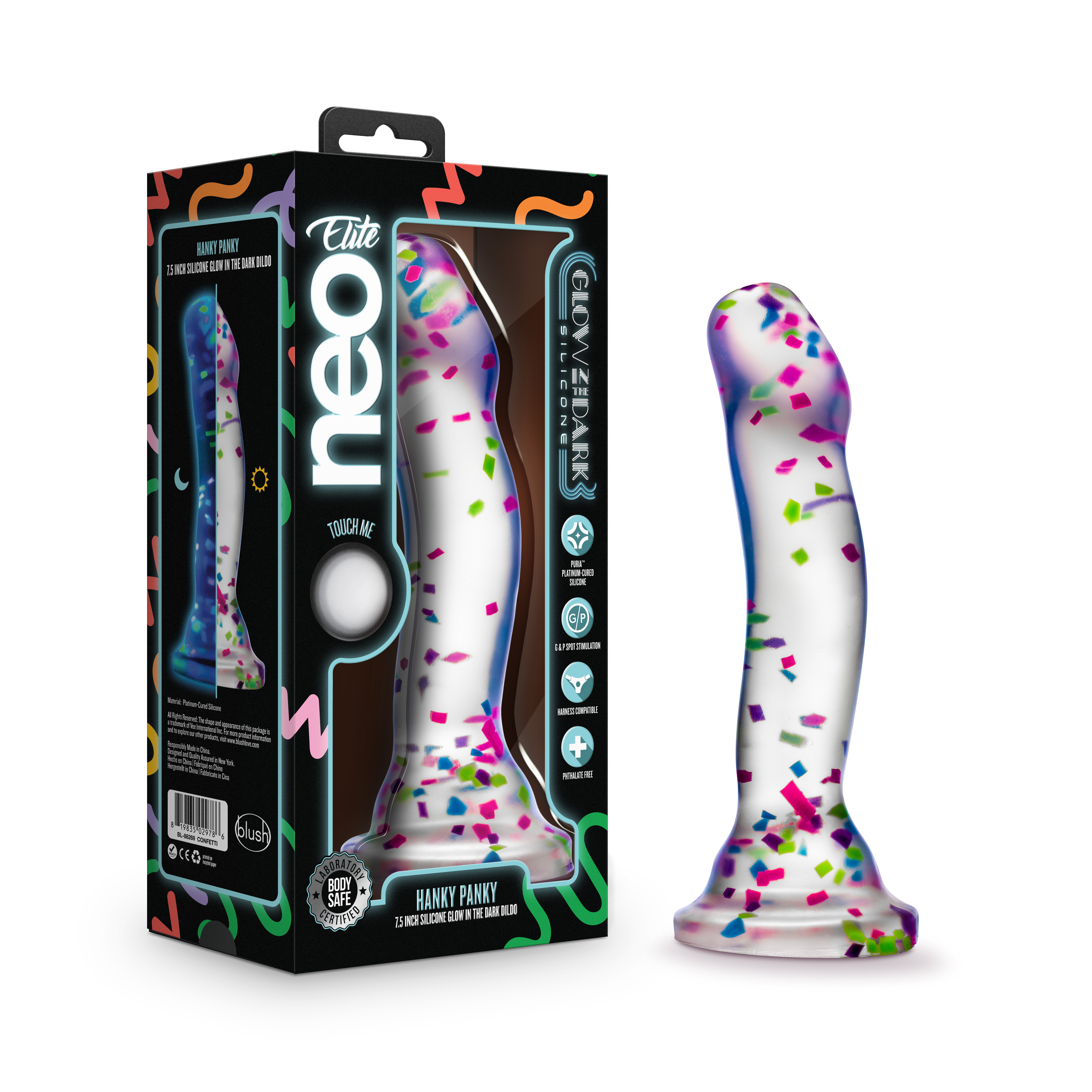 Blush Neo Elite Hanky-Panky 7.5 Inch Purio? Silicone Glow In The Dark Dildo -  Clear Dildo With Fun Confetti