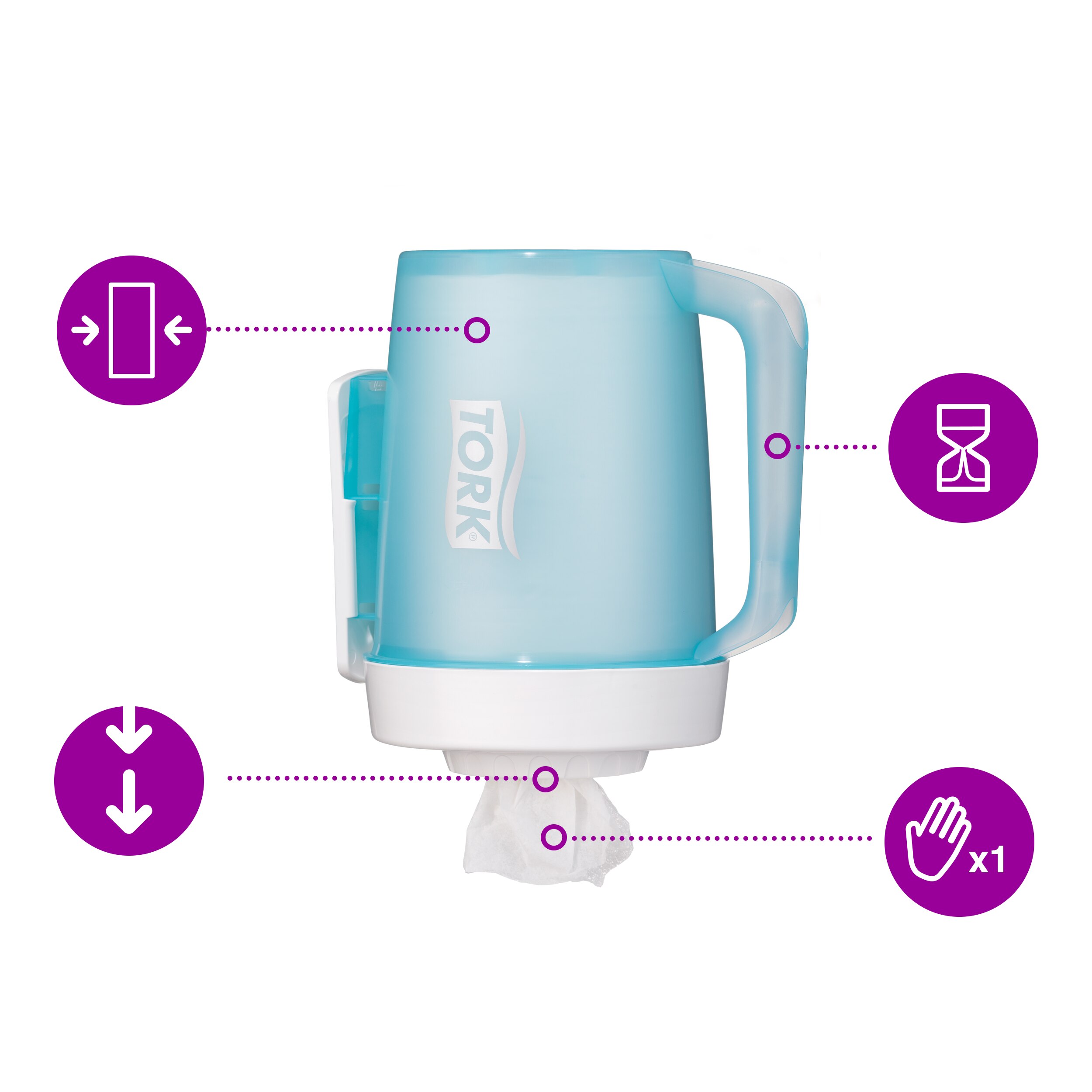Aftørringsdispenser, Til aftørringsruller, Startpakke, Centerfeed, Tork Mini Transportabel M1