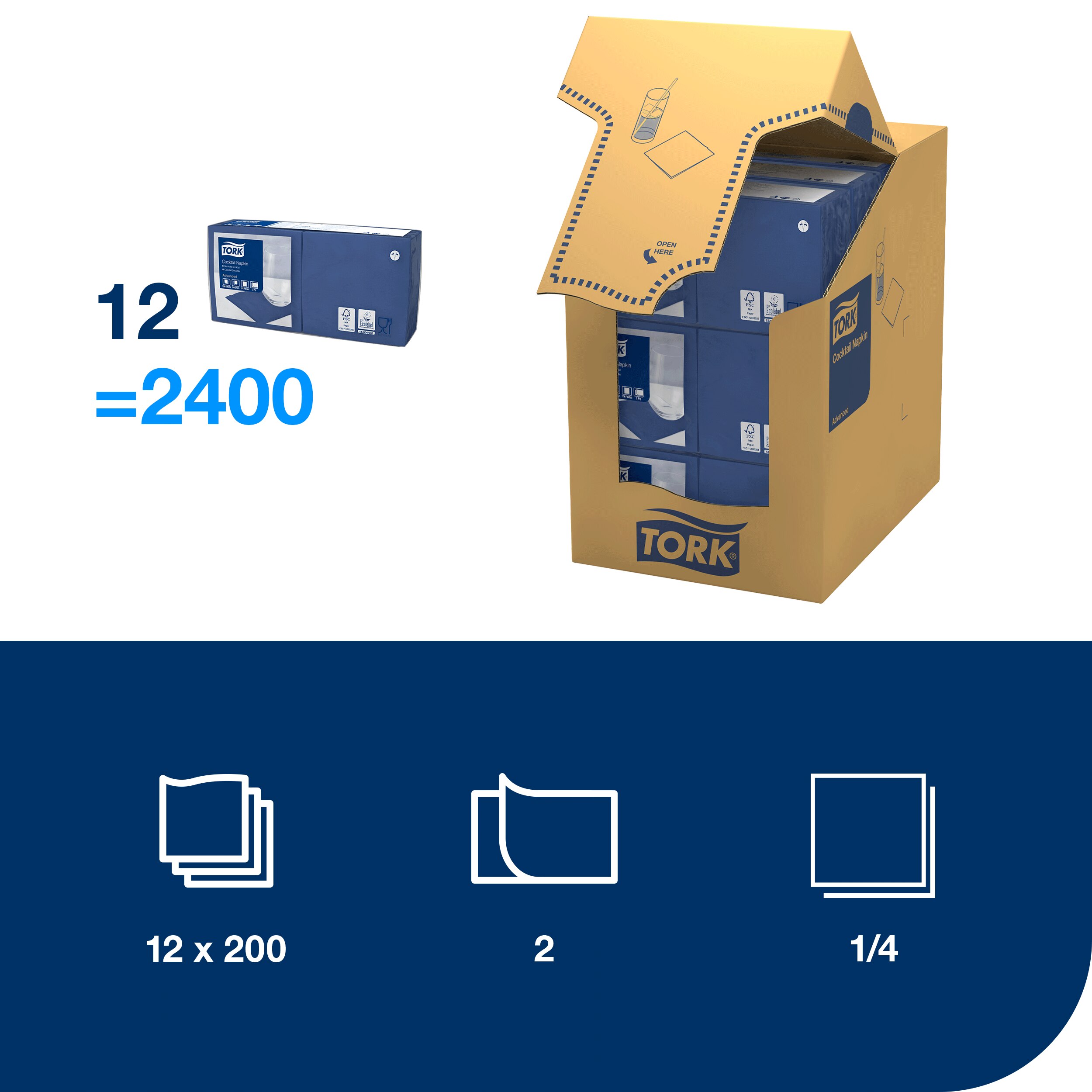 Servietter, 2 lag, Mørkeblå, 24x24 cm, 2400 stk, Tork Advanced