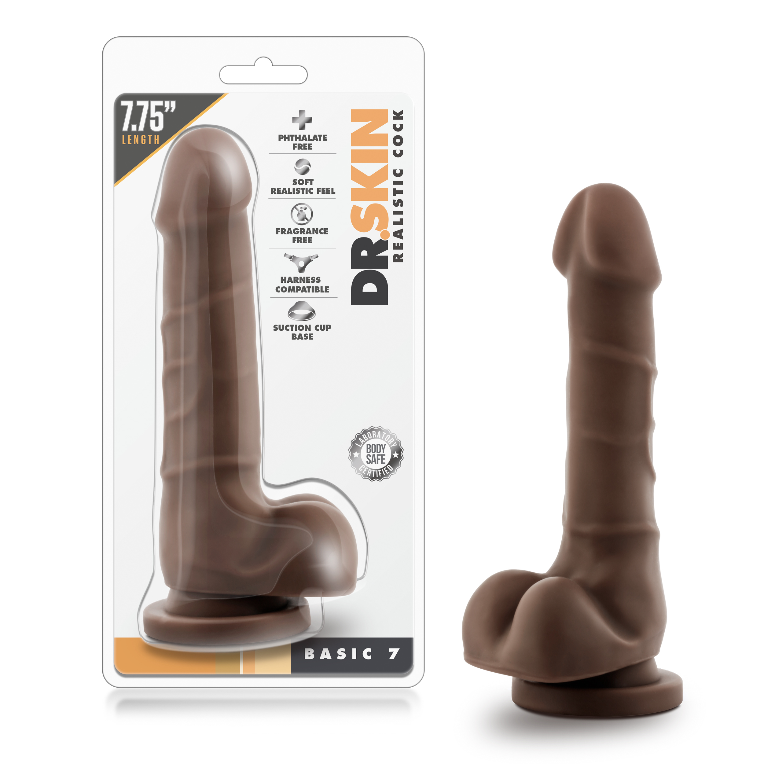 Blush Dr. Skin Realistic Cock Realistic Chocolate 7.75-Inch Long Dildo With Balls & Suction Cup Base