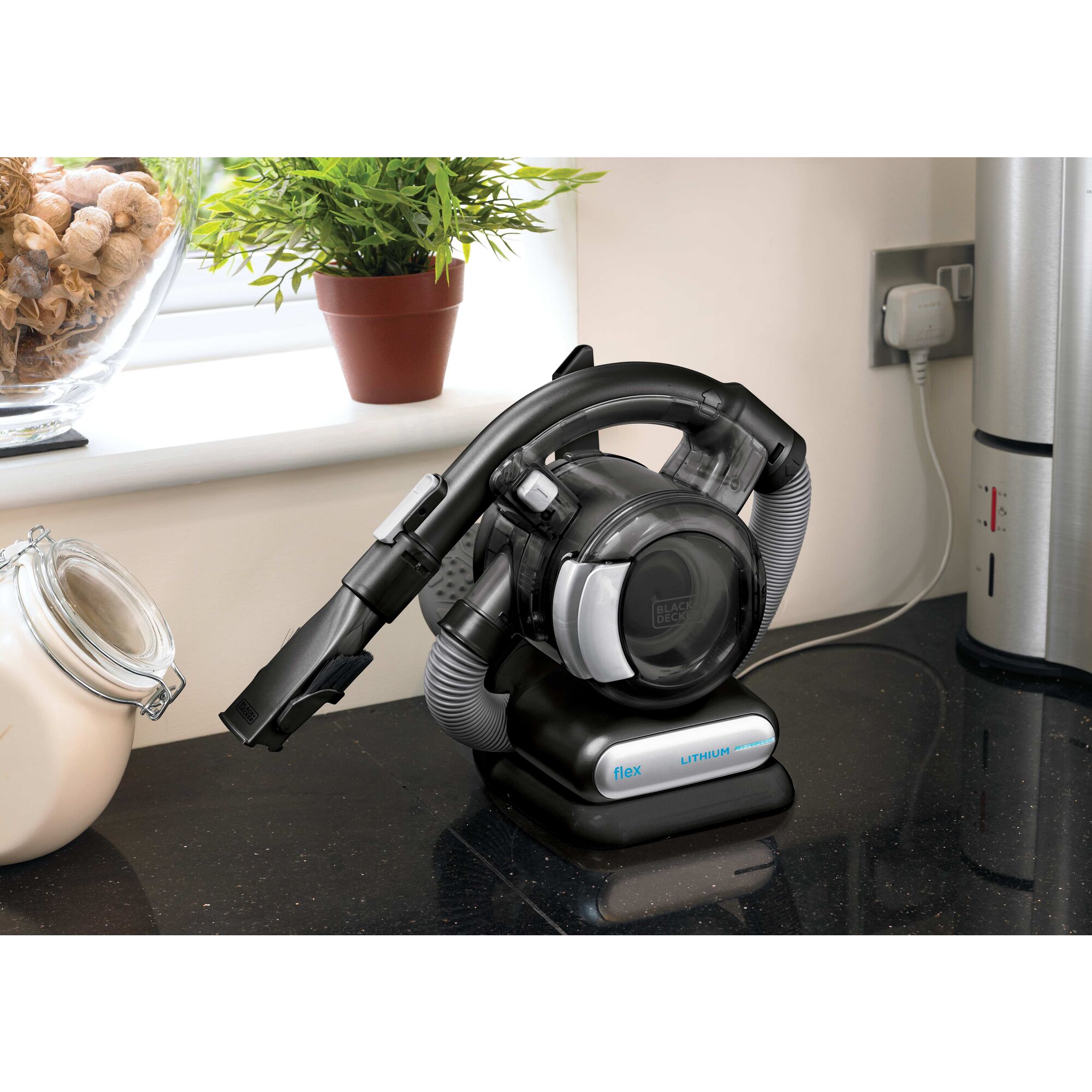 Charging Base with Accessory Storage feature of dust buster Flex Cordless Hand Vacuum.