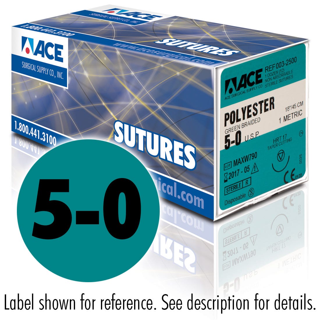 ACE 5-0 Green Braided Polyester Sutures, HRT17, 18"