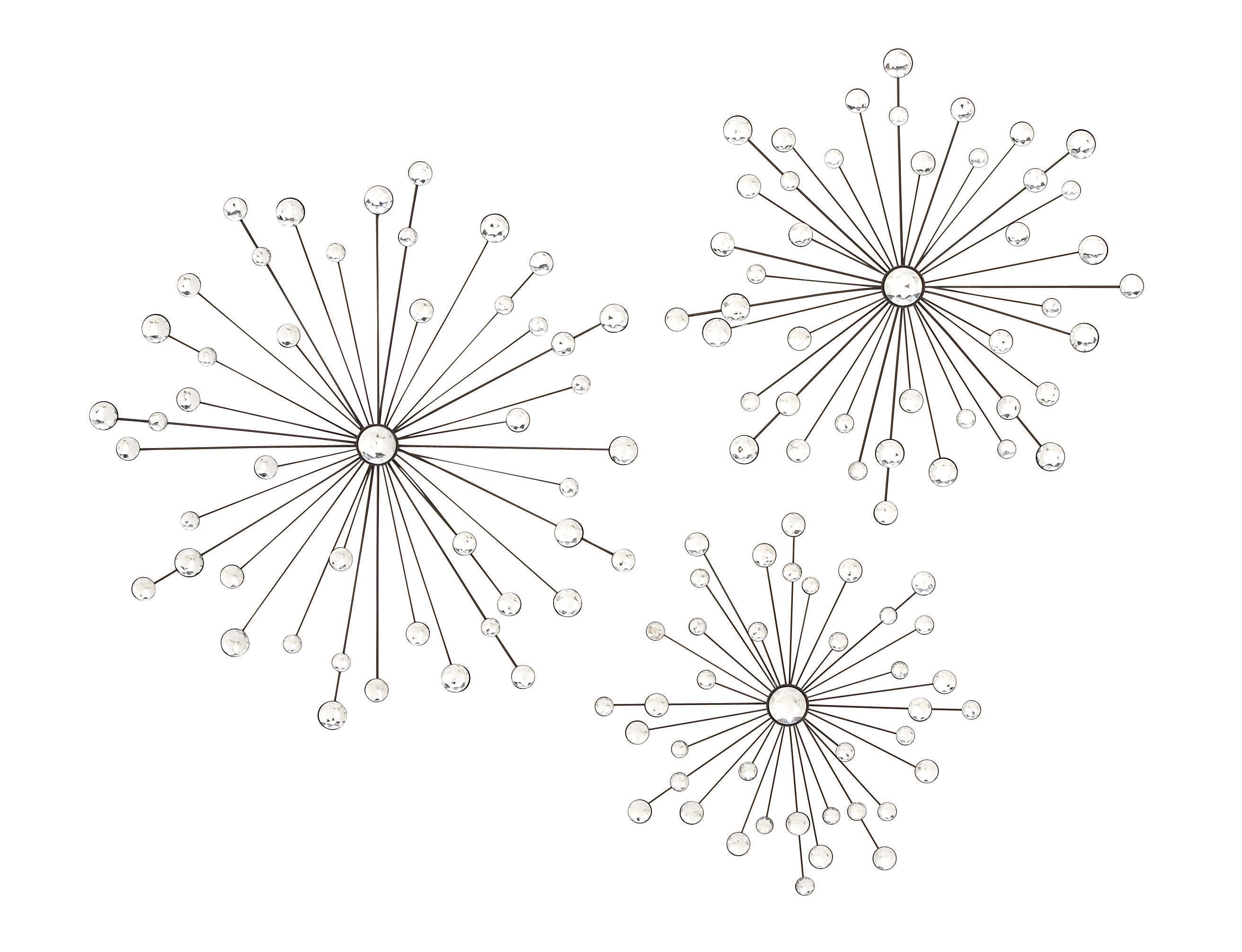 Black Metal Sunburst Home Wall Decor with Crystal Embellishment, Set of 3 16", 20", 24"W