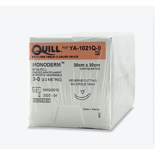 Quill™ Monoderm™ (PGA-PCL) Clear Monofilament Sutures, 3-0, 18mm 3/8 Circle, Reverse Cutting, 30cm x 30cm Barb Configuration -12/Box