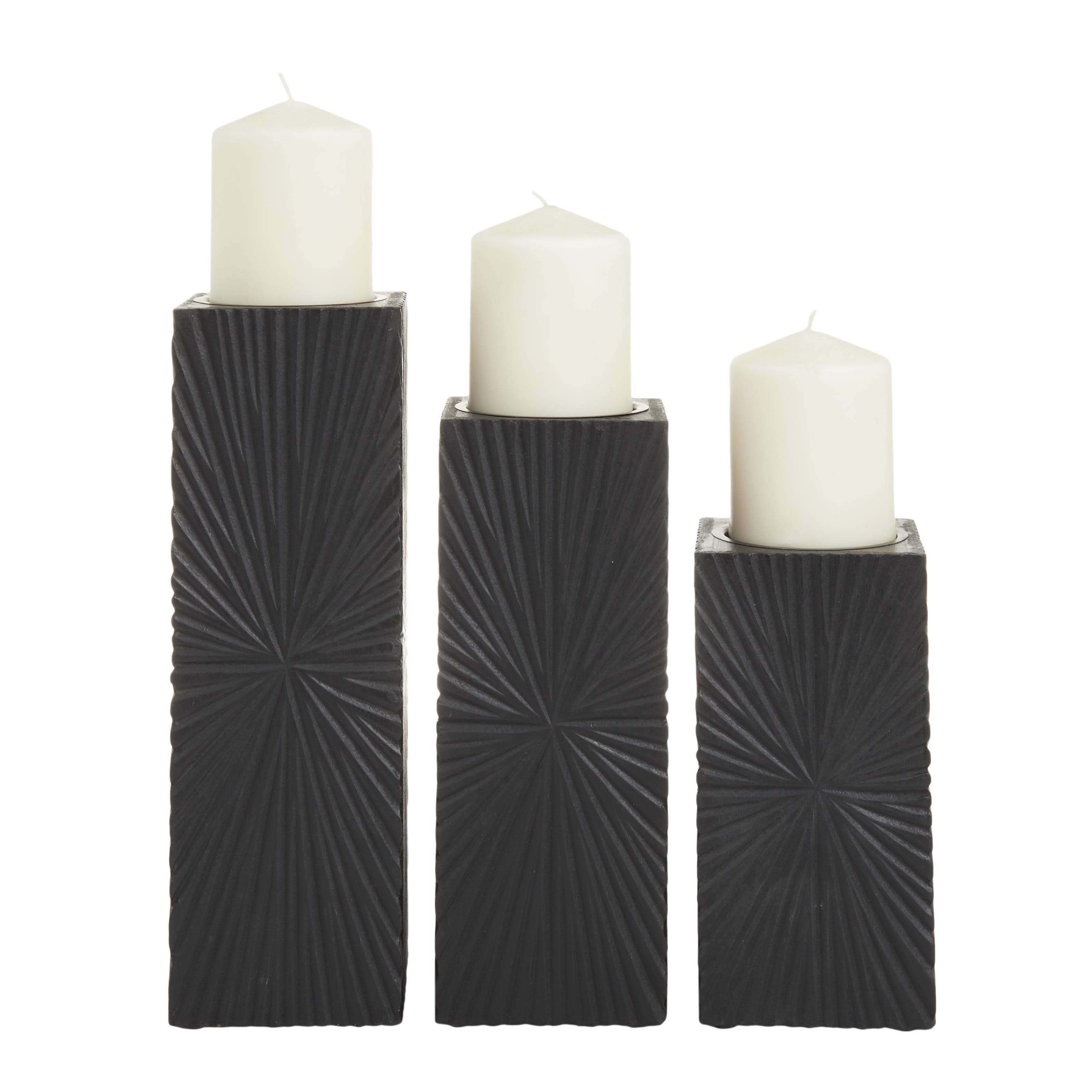 CosmoLiving by Cosmopolitan Black Wooden Geometric Carved Pillar Decorative Candle Holder, Set of 3 12", 10", 8"H