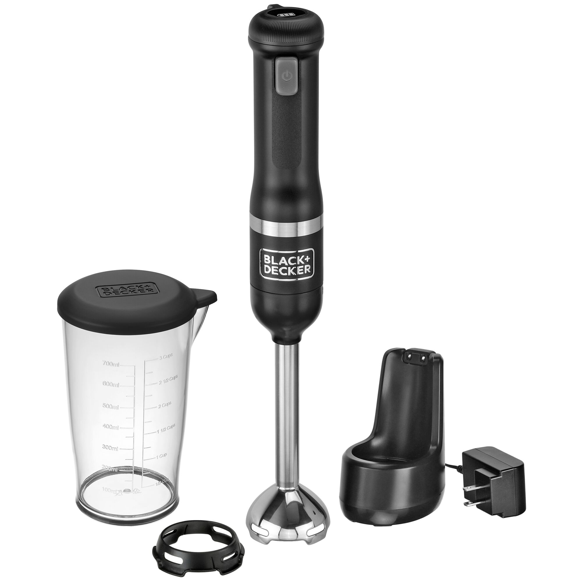 Front view of BLACK+DECKER kitchen wand Cordless Immersion Blender kit in black