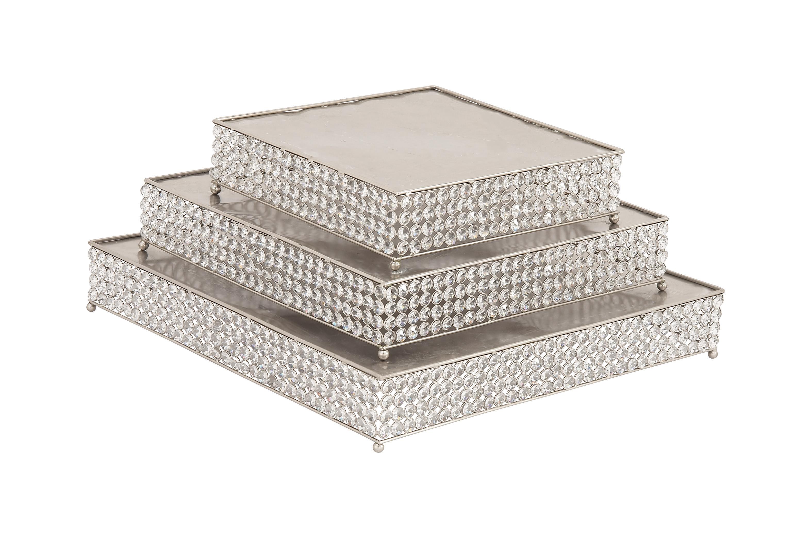 Square Metal Cake Stands with Crystal Adornments, Set of 3: 14", 18", 22"