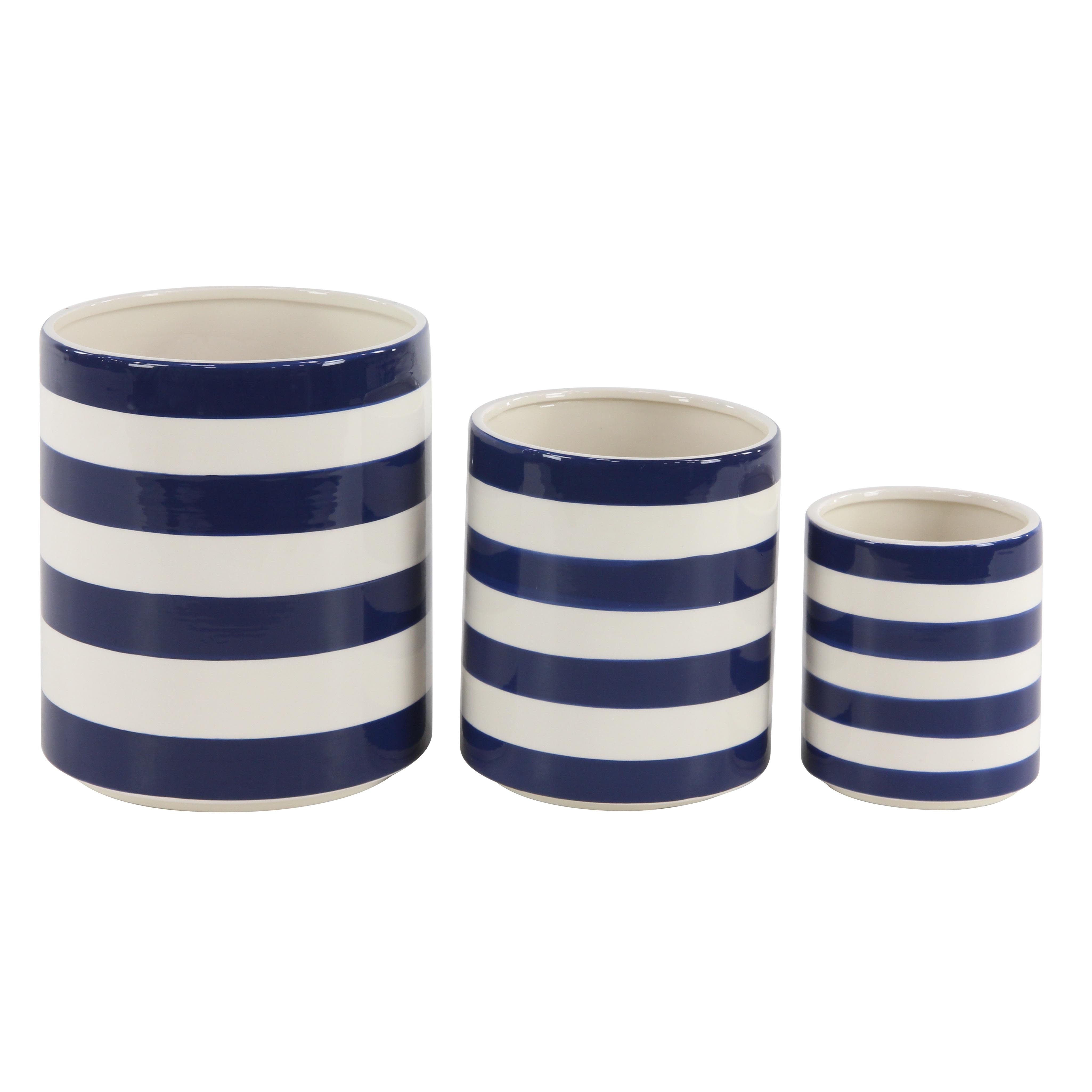 Blue Ceramic  Indoor Outdoor Planter with Stripes, Set of 2