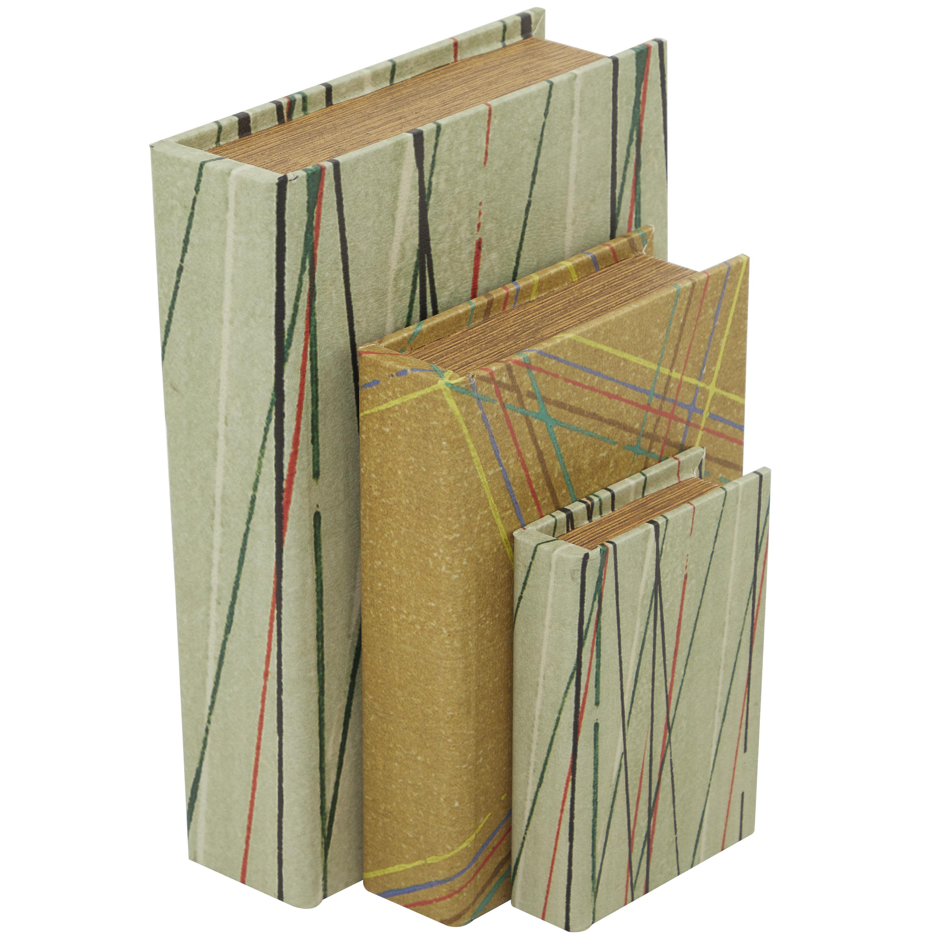 green faux leather abstract faux book storage decorative box with colorful linear patterns, set of 3 12\", 9\", 6\"h( total pack of 6 pcs)