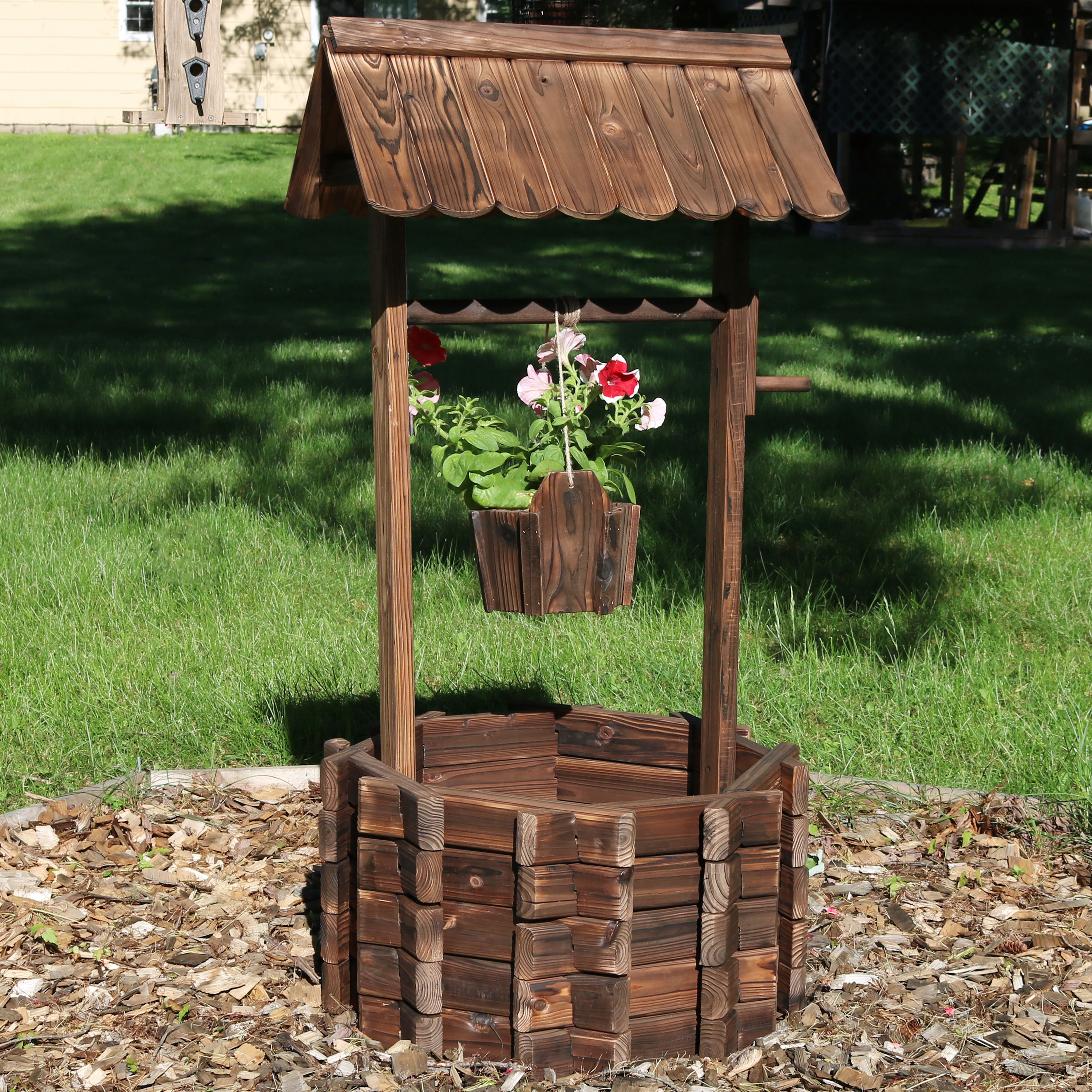 Sunnydaze 2-Tier Wooden Wishing Well Garden Planter