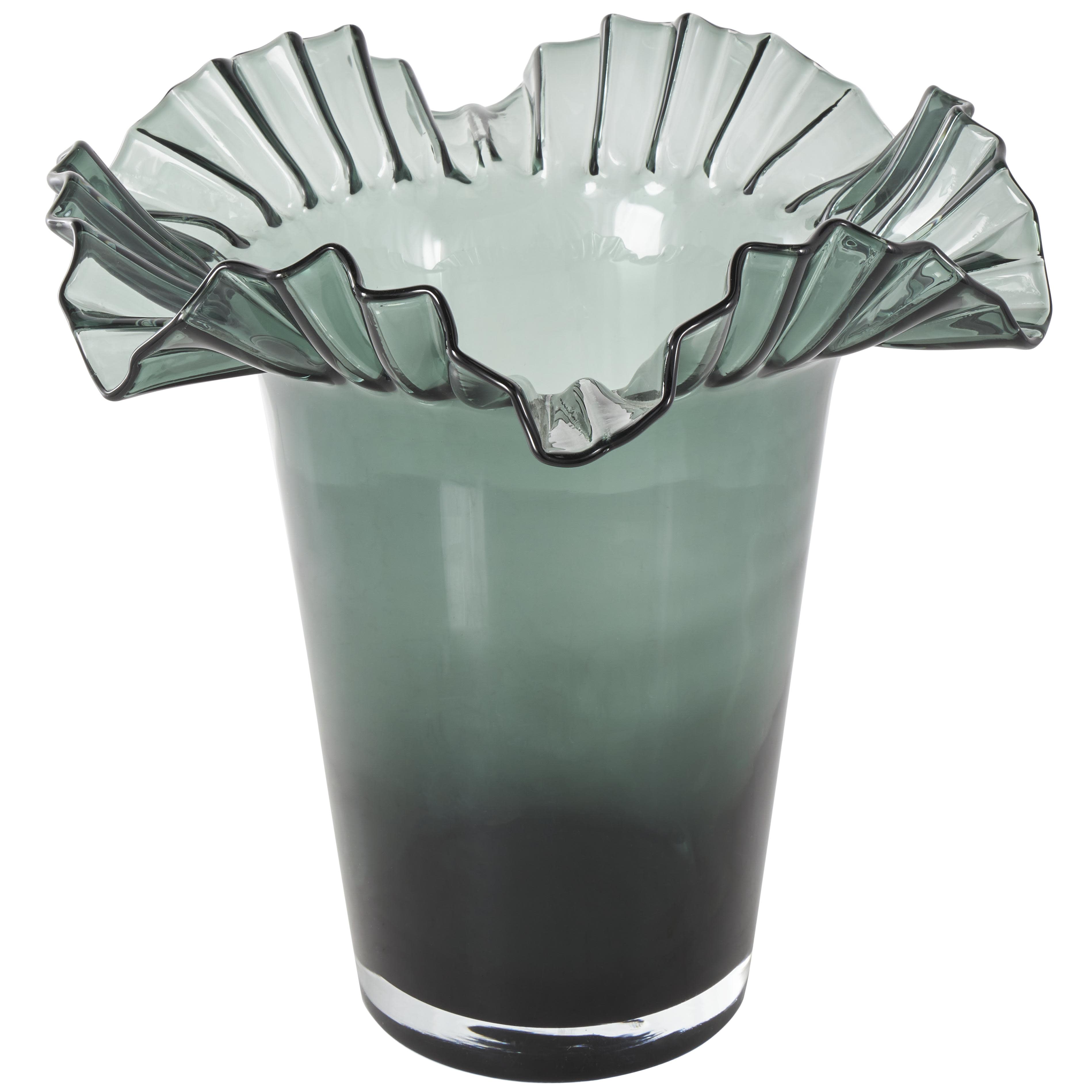 Green Glass Floral Tulip Inspired Ombre Decorative Vase with Wavy Opening, 15" x 14" x 14"