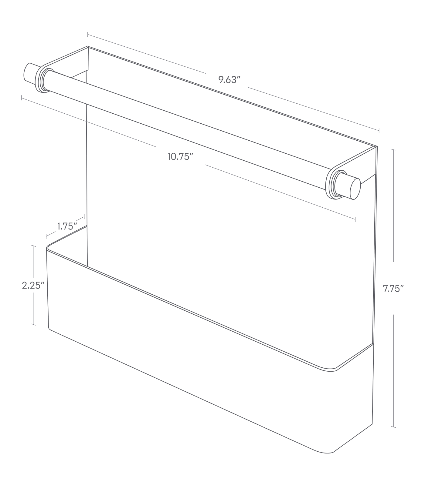 Dimension image for Magnetic Storage Pocket showing total height of 7.75", length of 1.75", width of 9.63" and the pocket height of 2.25" and 10.75" for a wooden bar